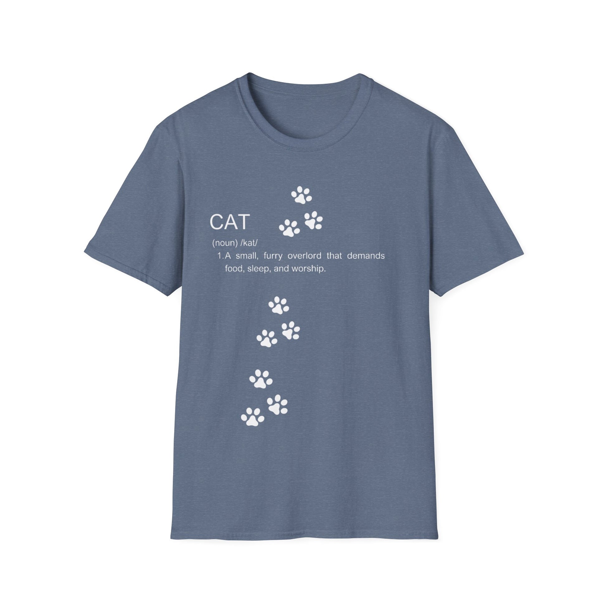 Funny cat definition t-shirt with humorous text and paw print graphics