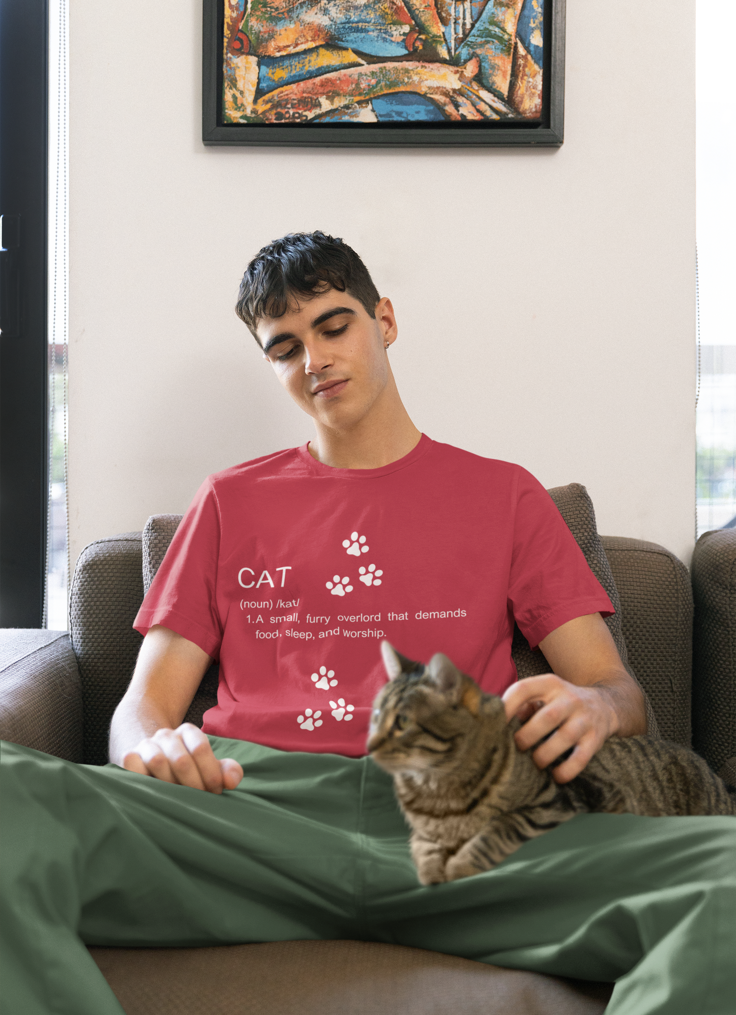 Funny cat definition t-shirt in red with playful text and paw prints, perfect for cat lovers
