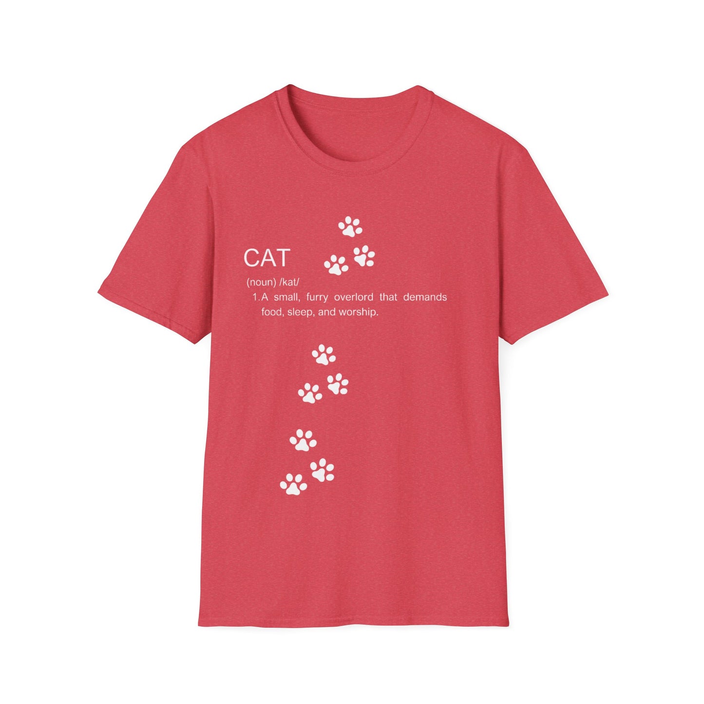 Funny cat definition t-shirt with paw prints and humorous description in red color