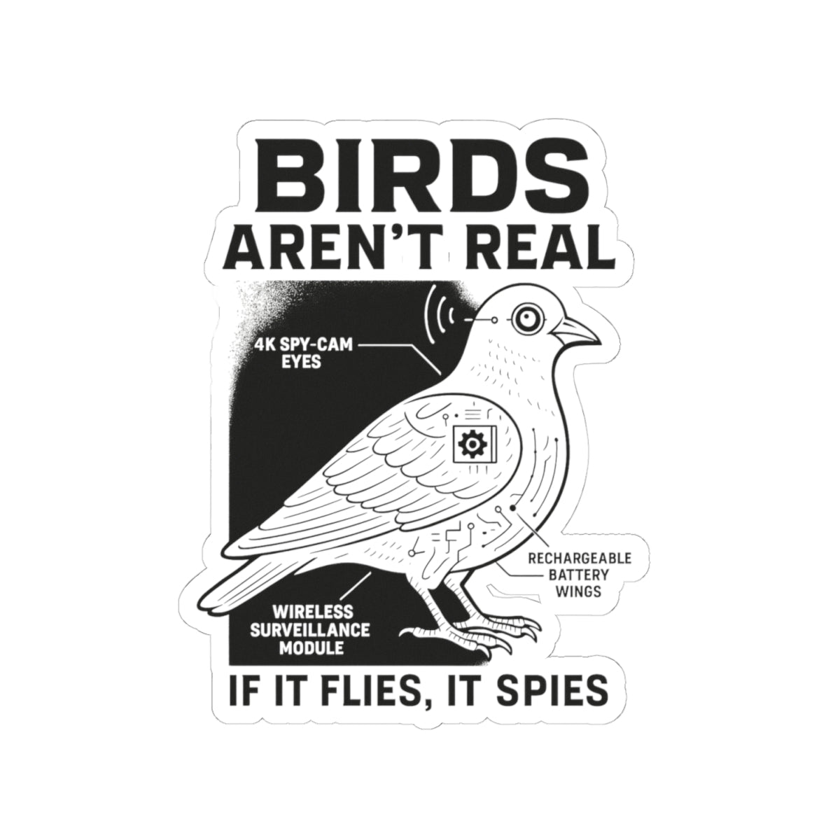 Funny conspiracy birds are not real meme sticker featuring a cartoon bird with spy elements