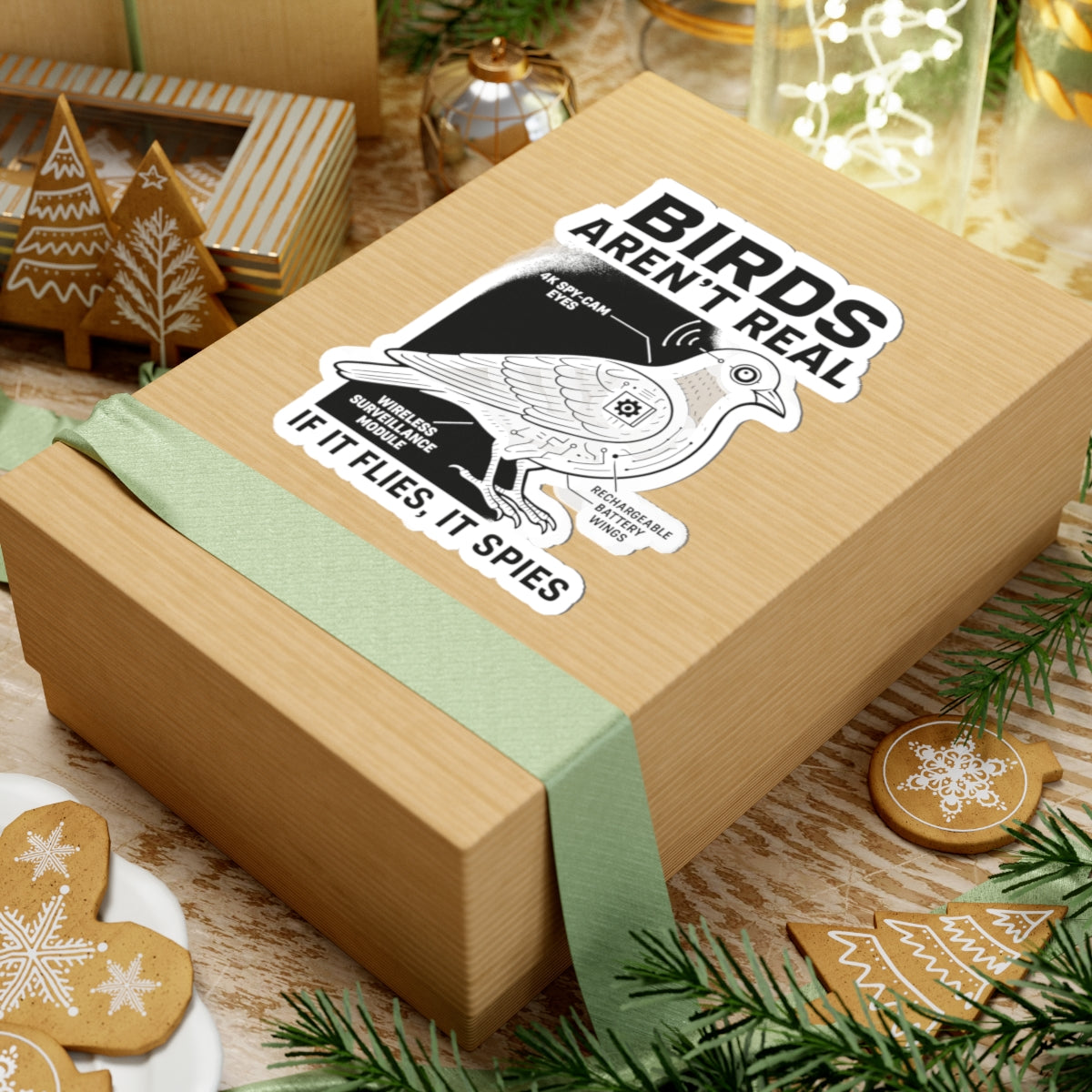 Funny conspiracy birds are not real meme sticker on a gift box with festive decorations