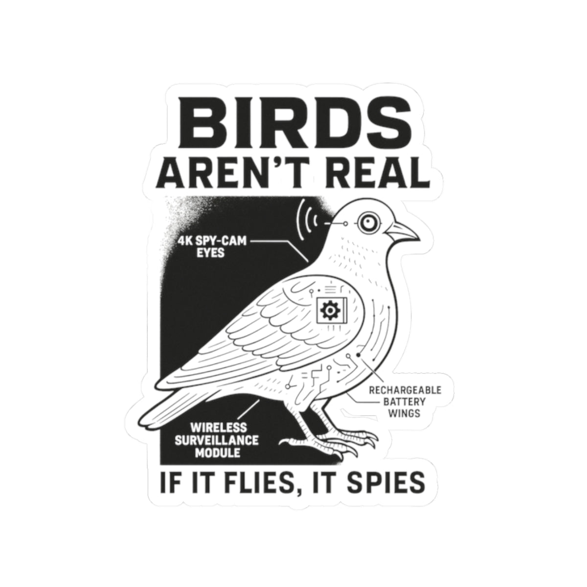 Funny conspiracy birds are not real meme sticker featuring a graphic of a bird with tech elements