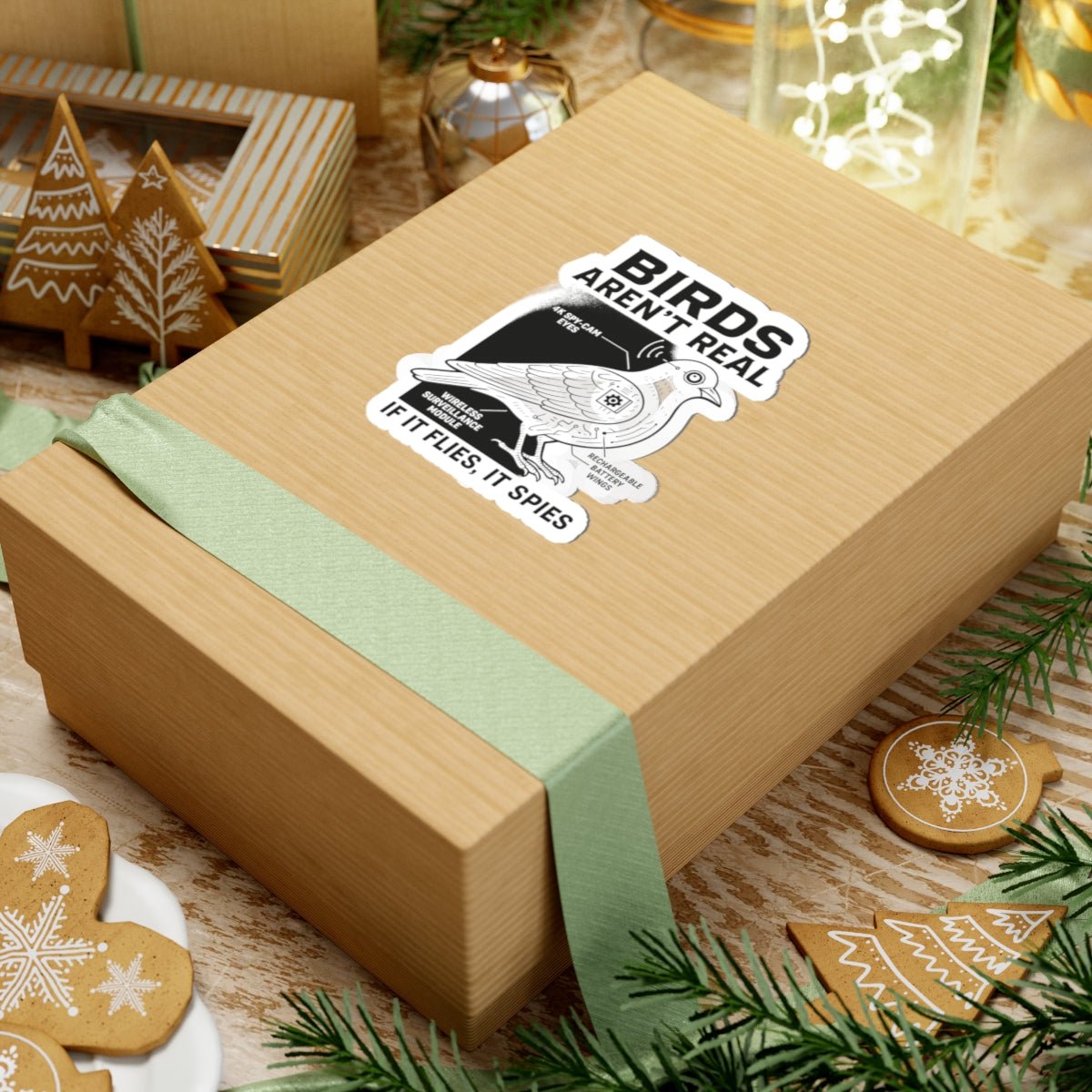 Funny conspiracy birds are not real meme sticker on a gift box with decorative elements