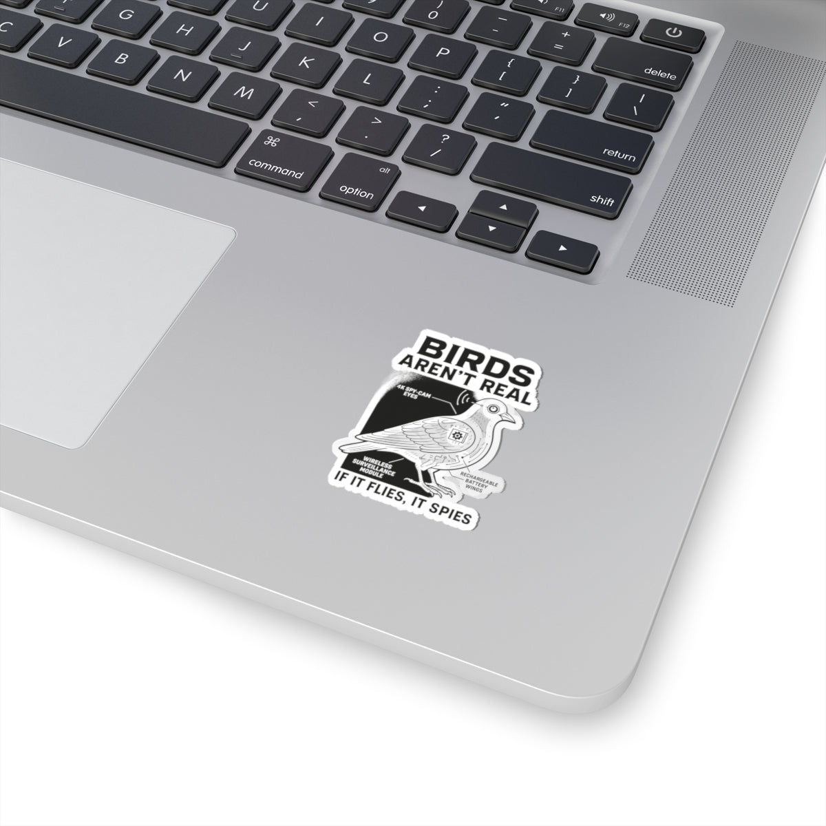 Funny conspiracy birds are not real meme sticker on a laptop for humor enthusiasts