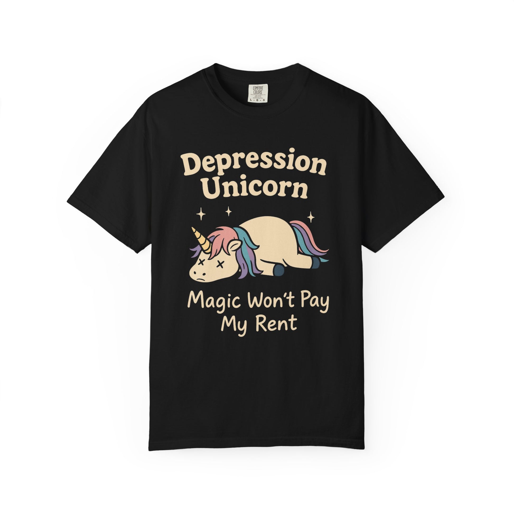 Funny depressed cute unicorn graphic tee with a whimsical design and humorous text
