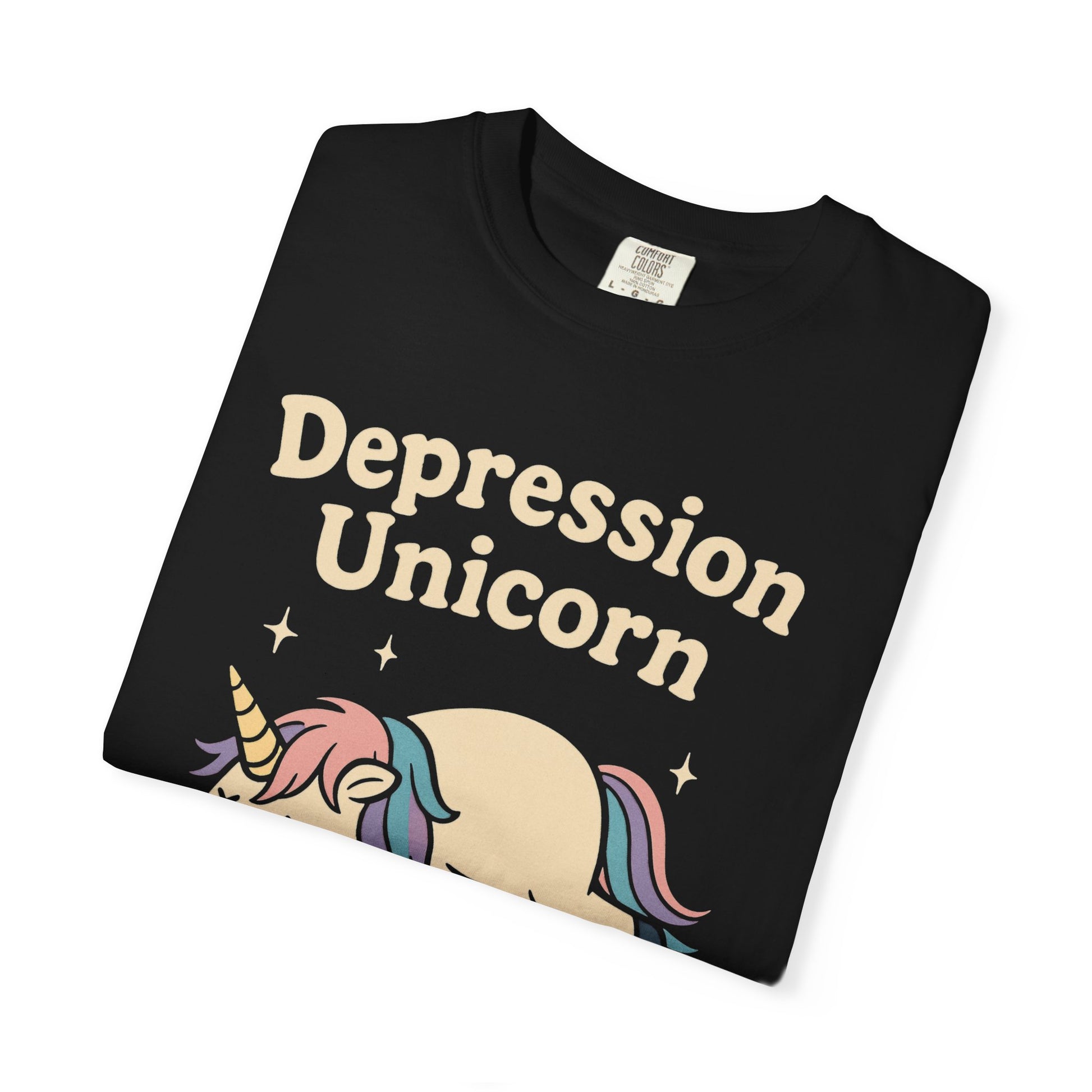Funny depressed cute unicorn graphic tee in black featuring a whimsical unicorn design