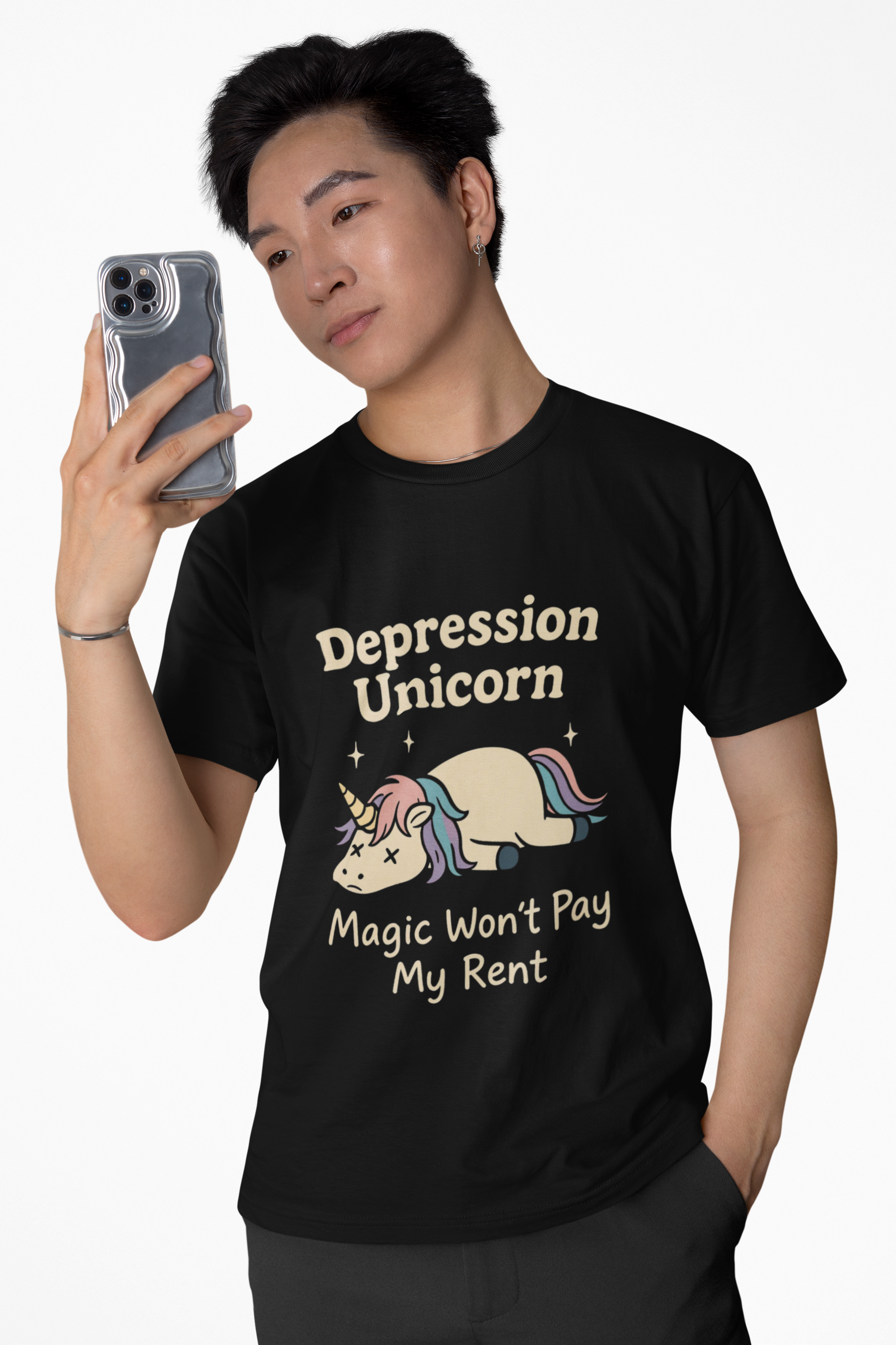 Funny depressed cute unicorn graphic tee featuring a whimsical unicorn and humorous text