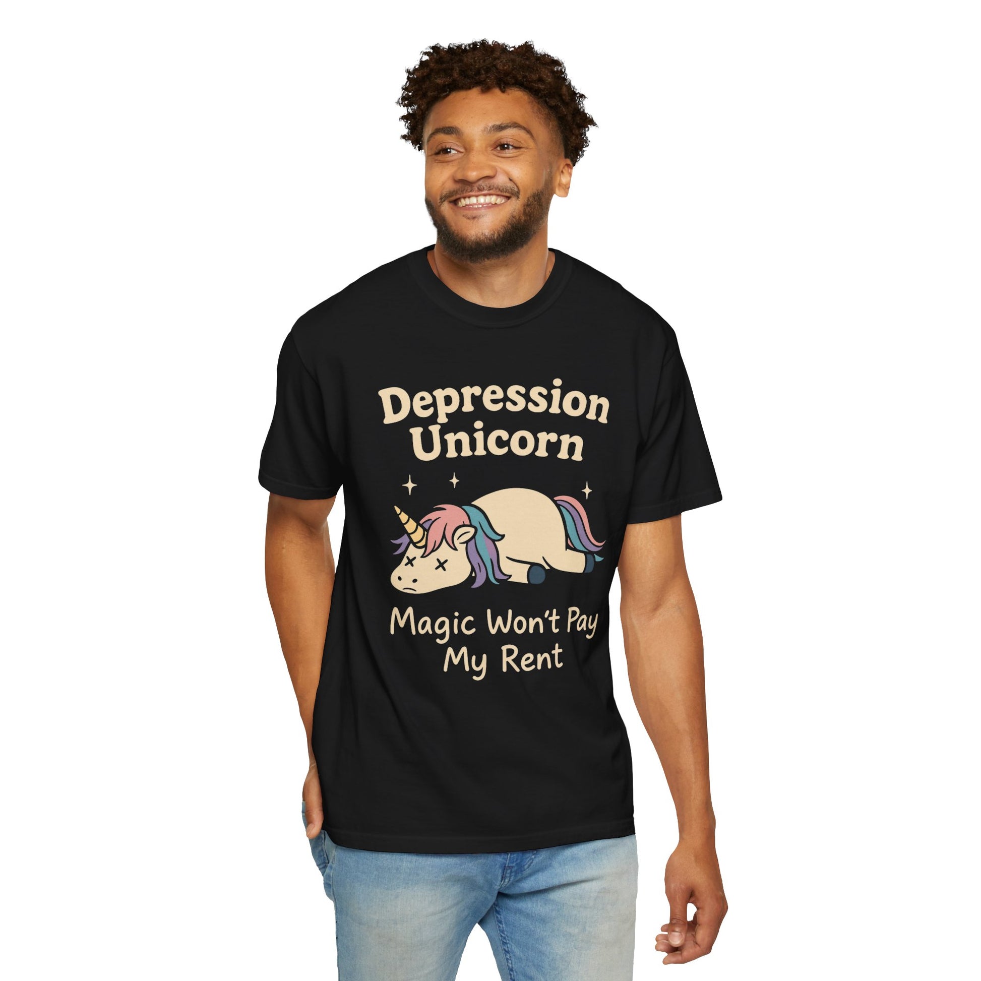 Funny depressed cute unicorn graphic tee with the phrase Magic Won't Pay My Rent 