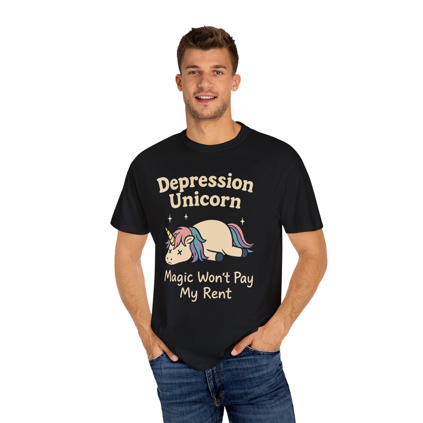 Funny depressed cute unicorn graphic tee featuring a sleeping unicorn with a humorous text design