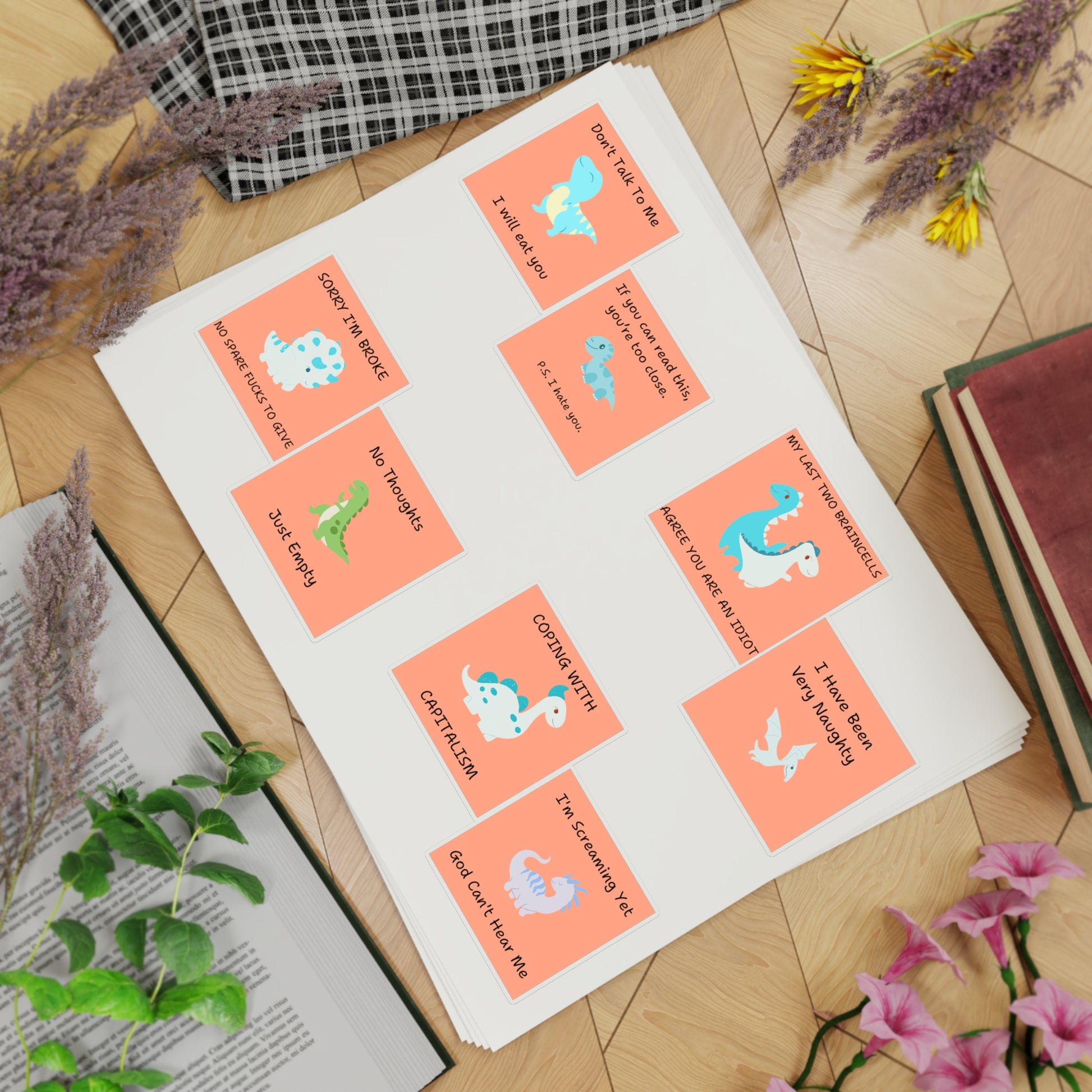 Funny edgy sarcastic cute dino sticker bundle featuring various colorful dinosaur designs