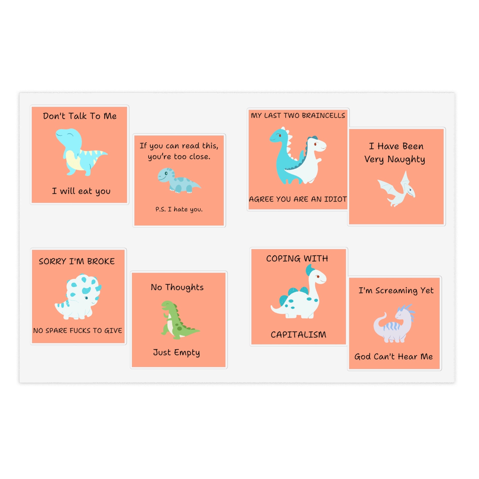 Funny edgy sarcastic cute dino sticker bundle featuring whimsical dinosaur designs and humorous text