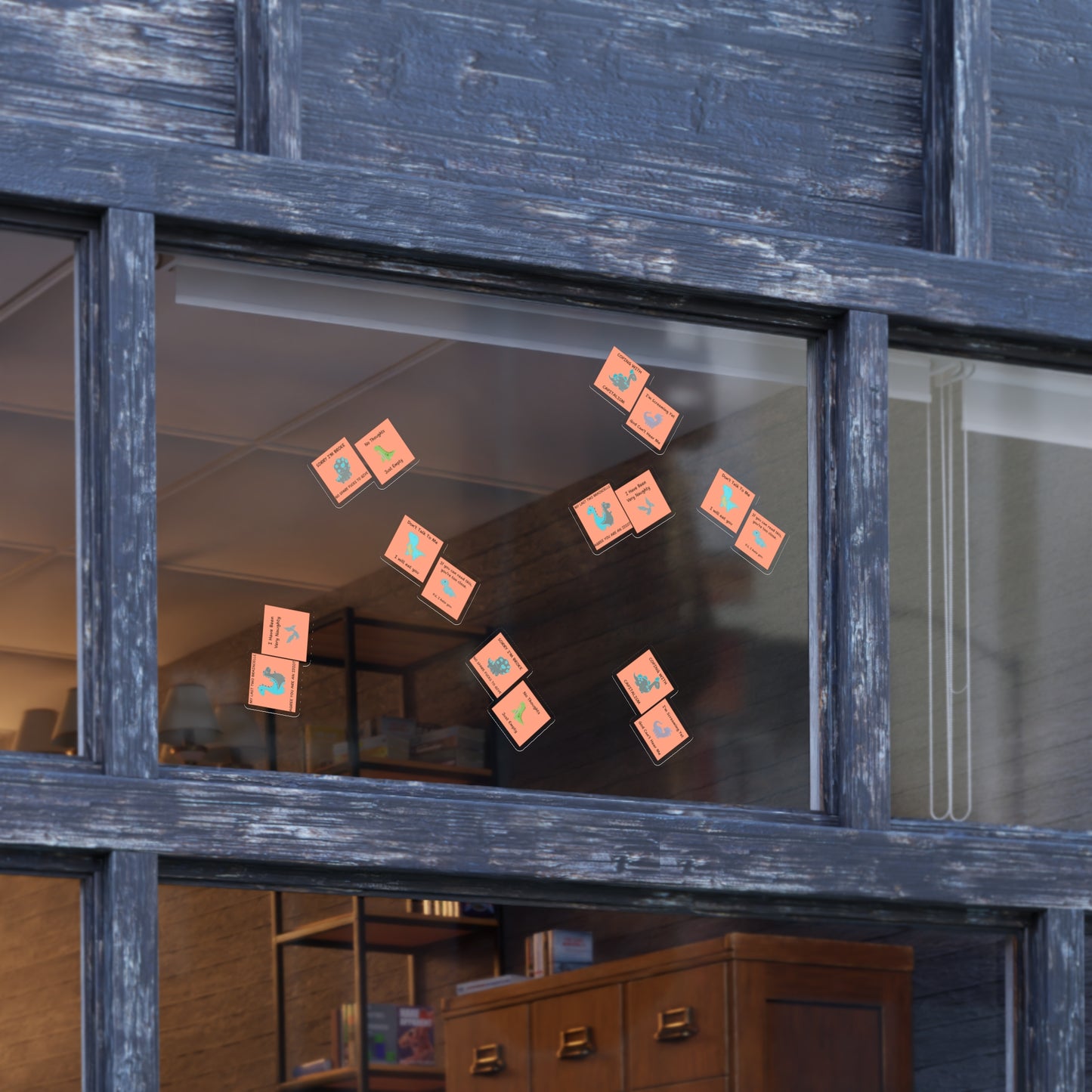 Funny edgy sarcastic cute dino sticker bundle displayed on a window for creative decoration