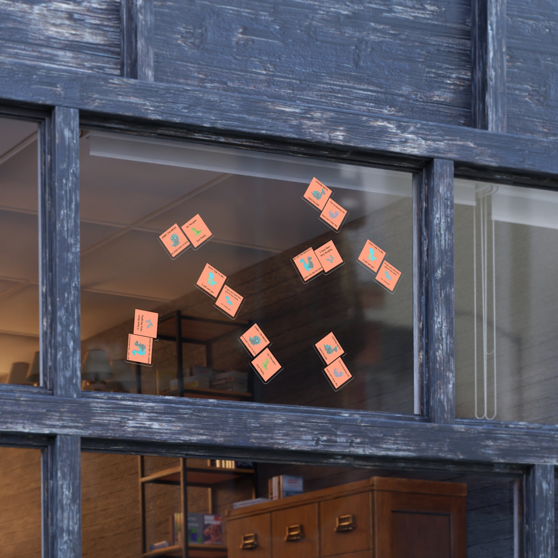Funny edgy sarcastic cute dino sticker bundle displayed on a window for creative decoration