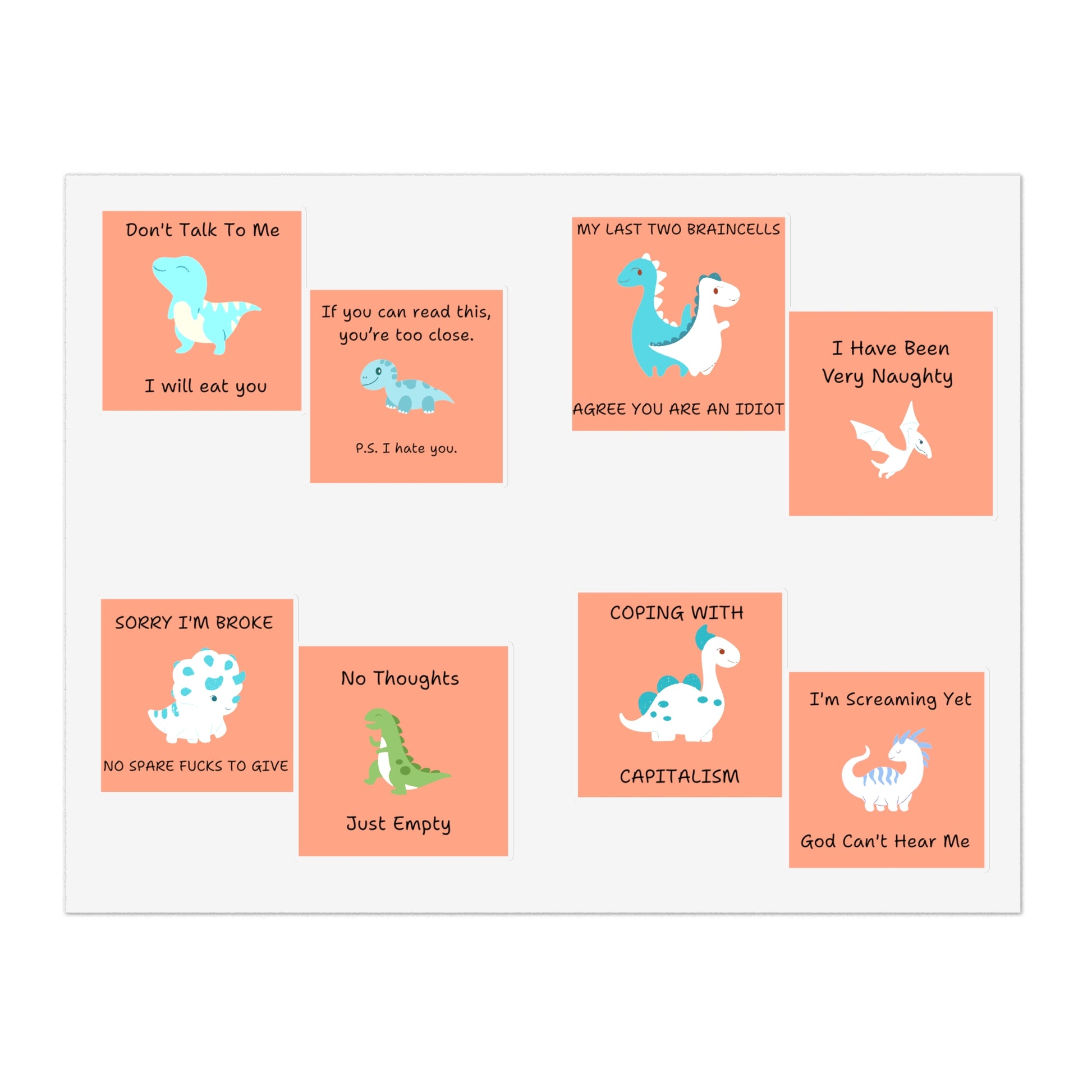 Funny edgy sarcastic cute dino sticker bundle featuring various humorous dinosaur designs
