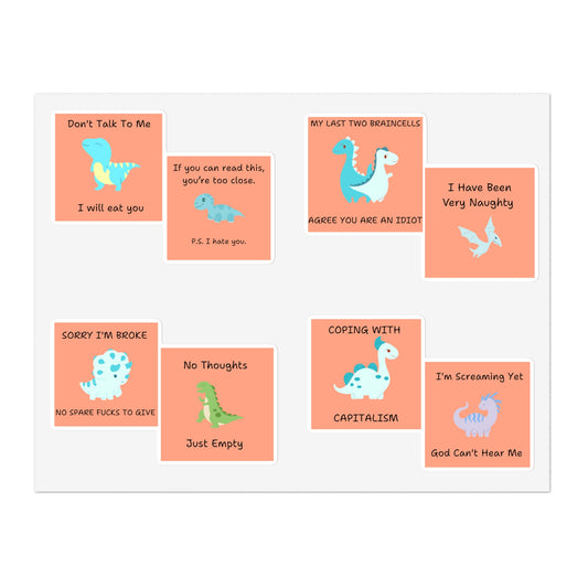 Funny edgy sarcastic cute dino sticker bundle featuring colorful dinosaur designs and humorous texts