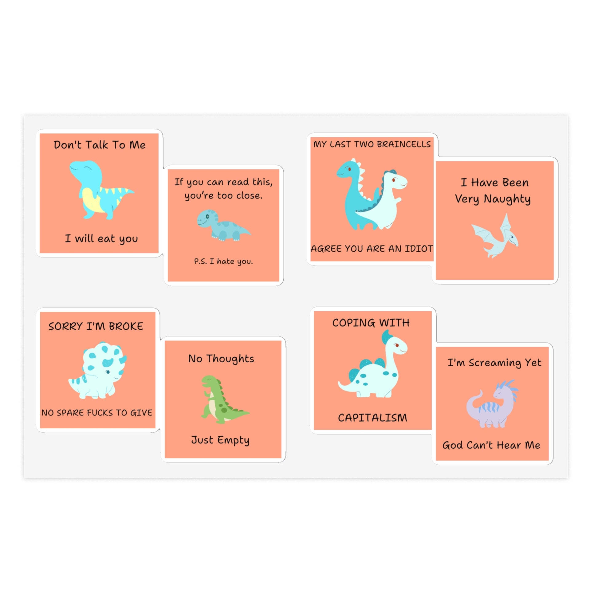 Funny edgy sarcastic cute dino sticker bundle featuring various dinosaur designs and humorous phrases