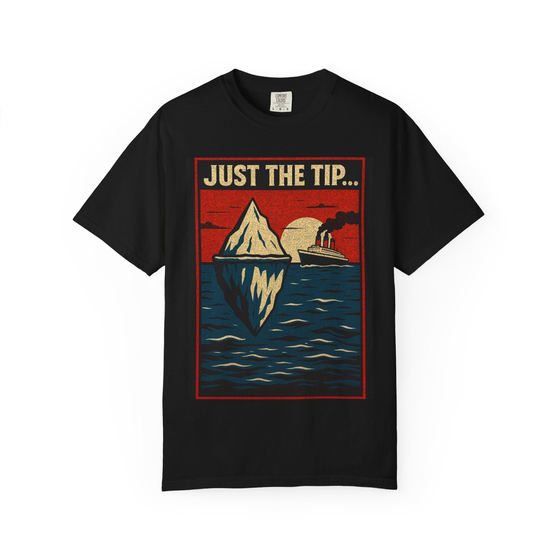 Funny just the tip unisex shirt featuring a retro iceberg design with a ship in the background
