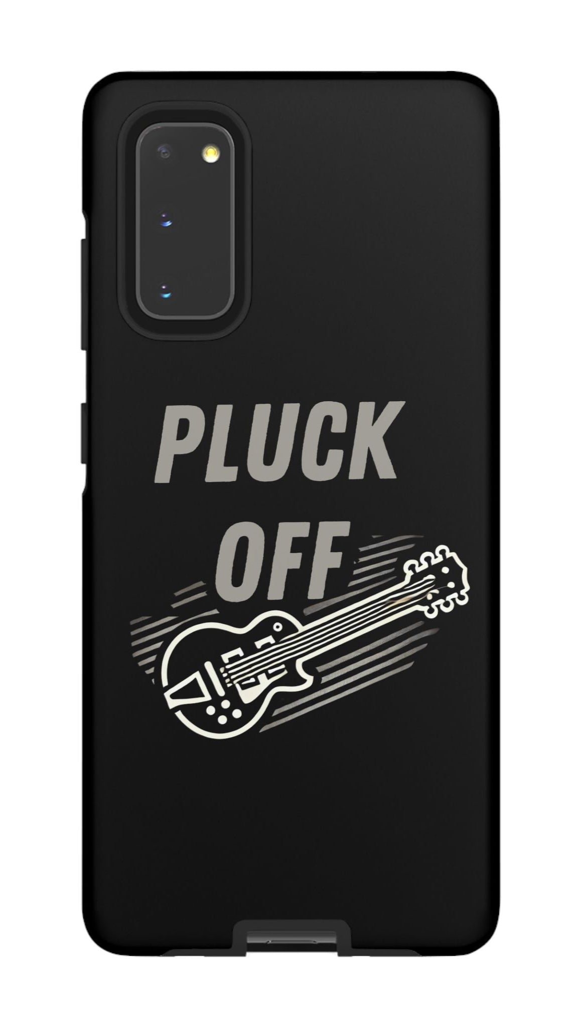The Funny Pun Pluck Off Tough Phone Case is a black dual-layer case with “PLUCK OFF” above a white electric guitar design, blending attitude and protection in one custom accessory.
