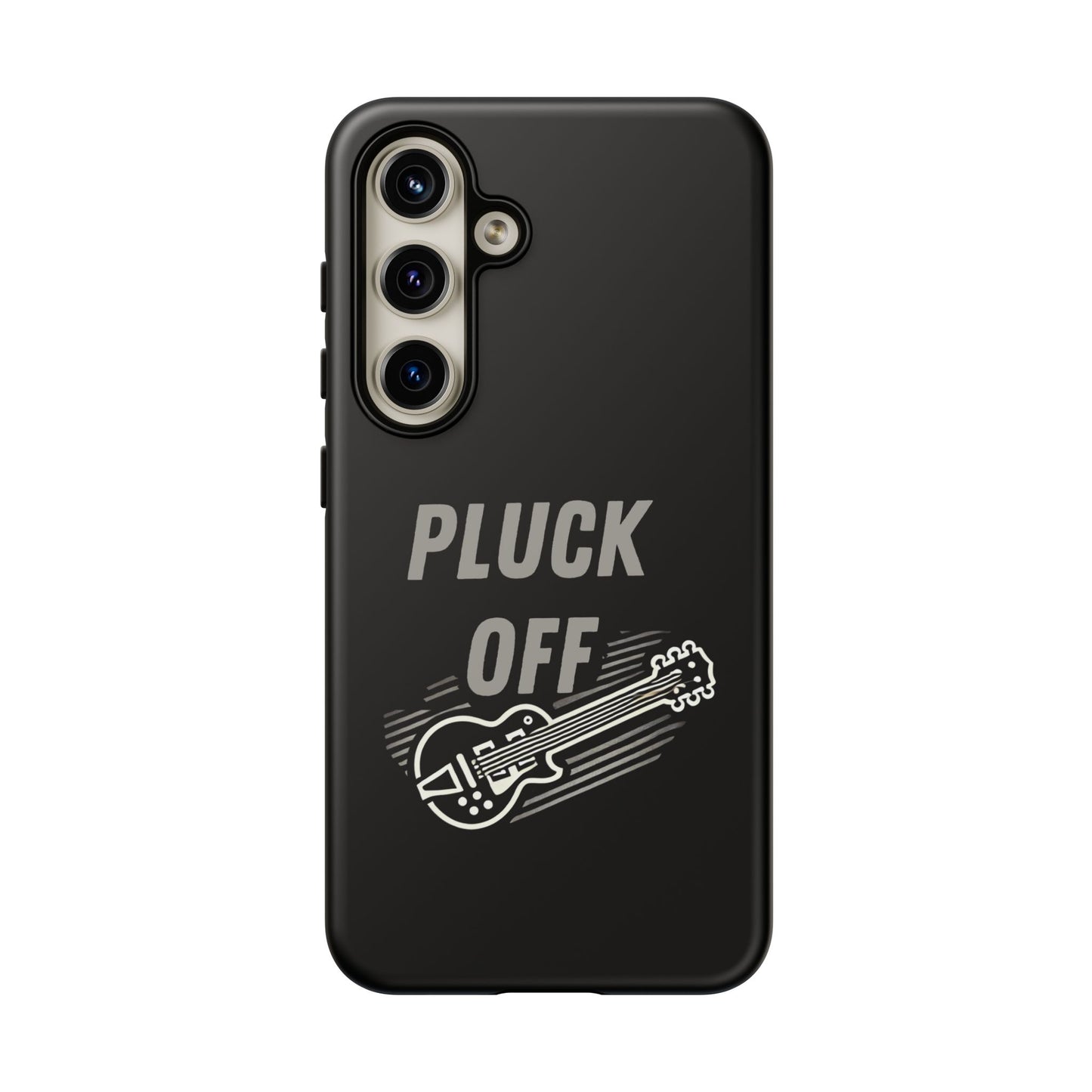 The Funny Pun Pluck Off Tough Phone Case is a black dual-layer case with “PLUCK OFF” in bold above a stylized electric guitar—ideal for musicians wanting attitude and protection.
