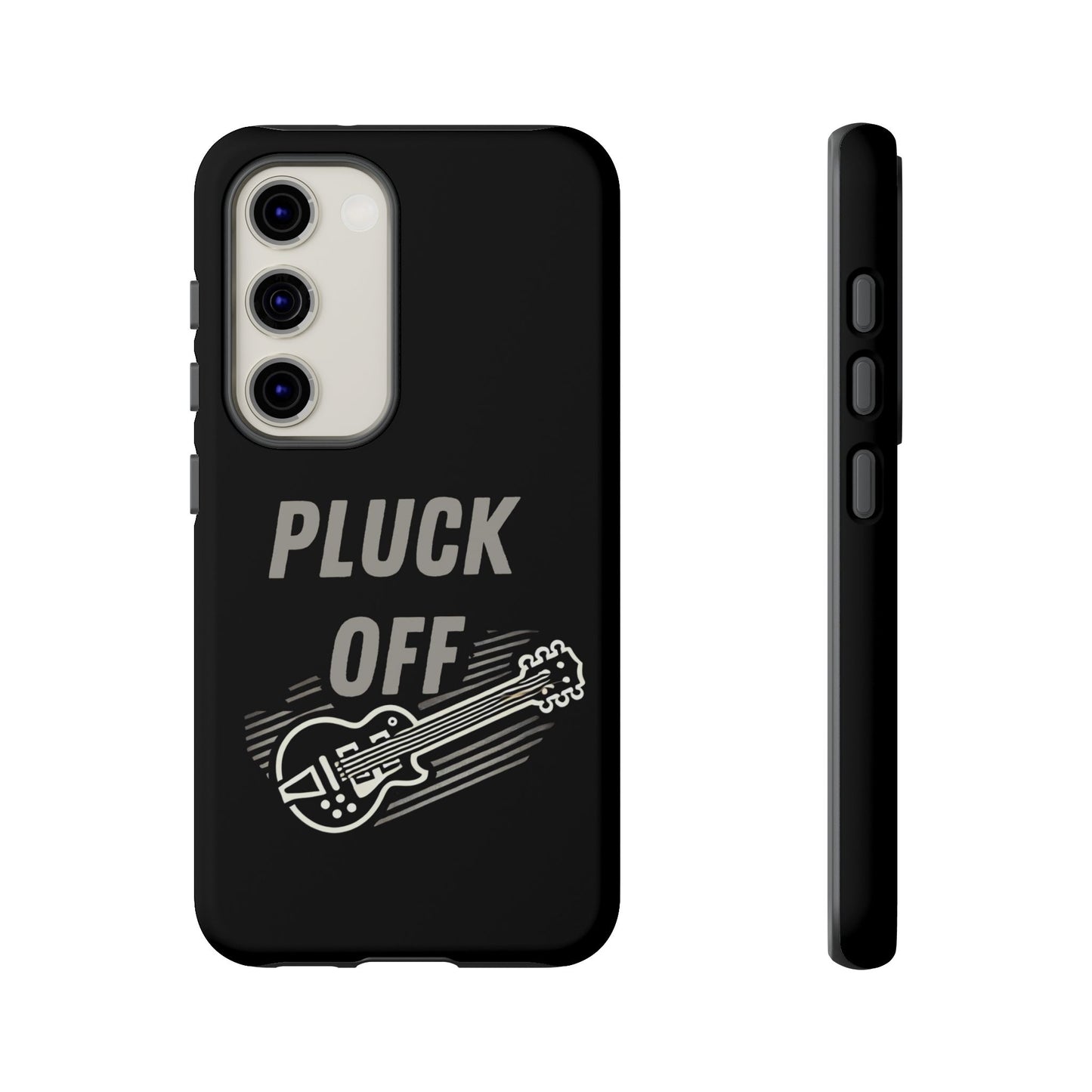 The Funny Pun Pluck Off Tough Phone Case is a black dual-layer case with "PLUCK OFF" in bold above a white-outlined electric guitar with motion lines, shown from back and side angles—perfect for anyone wanting custom protective cases with attitude.