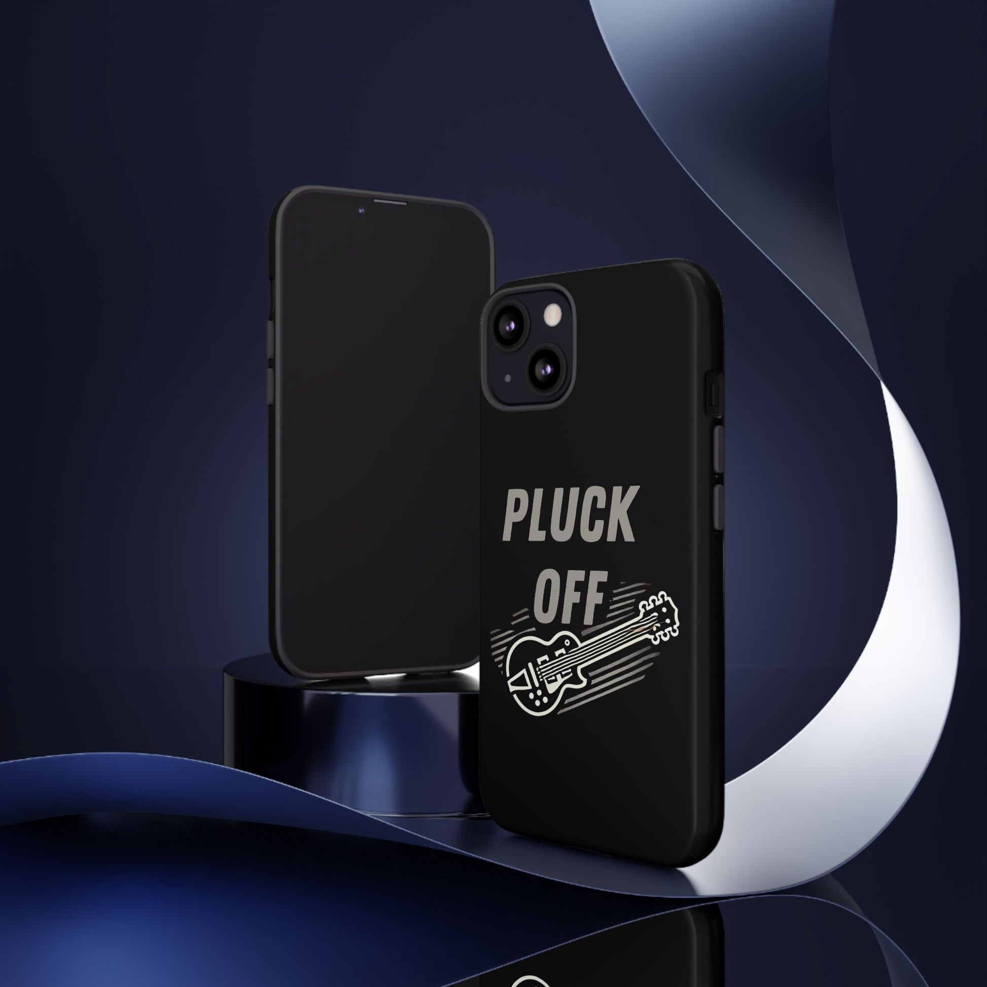 Two black smartphones are shown, one front and one back, featuring the Funny Pun Pluck Off Tough Phone Case with a guitar graphic and "PLUCK OFF" text. The backdrop displays abstract dark blue and silver ribbons.