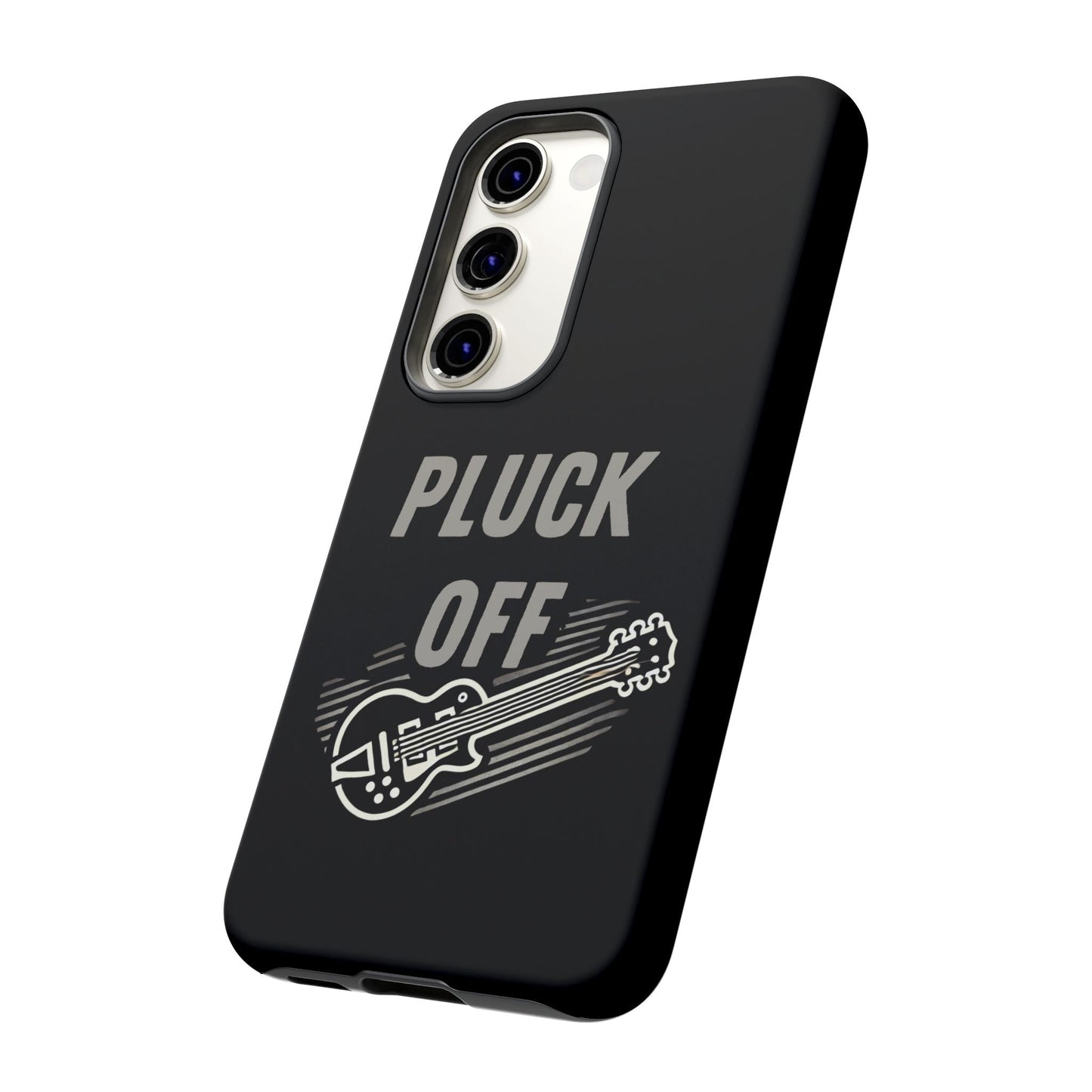 The Funny Pun Pluck Off Tough Phone Case features "PLUCK OFF" in bold above a lively illustrated electric guitar with dynamic motion lines, combining style, humor, and protection in a dual-layer design.