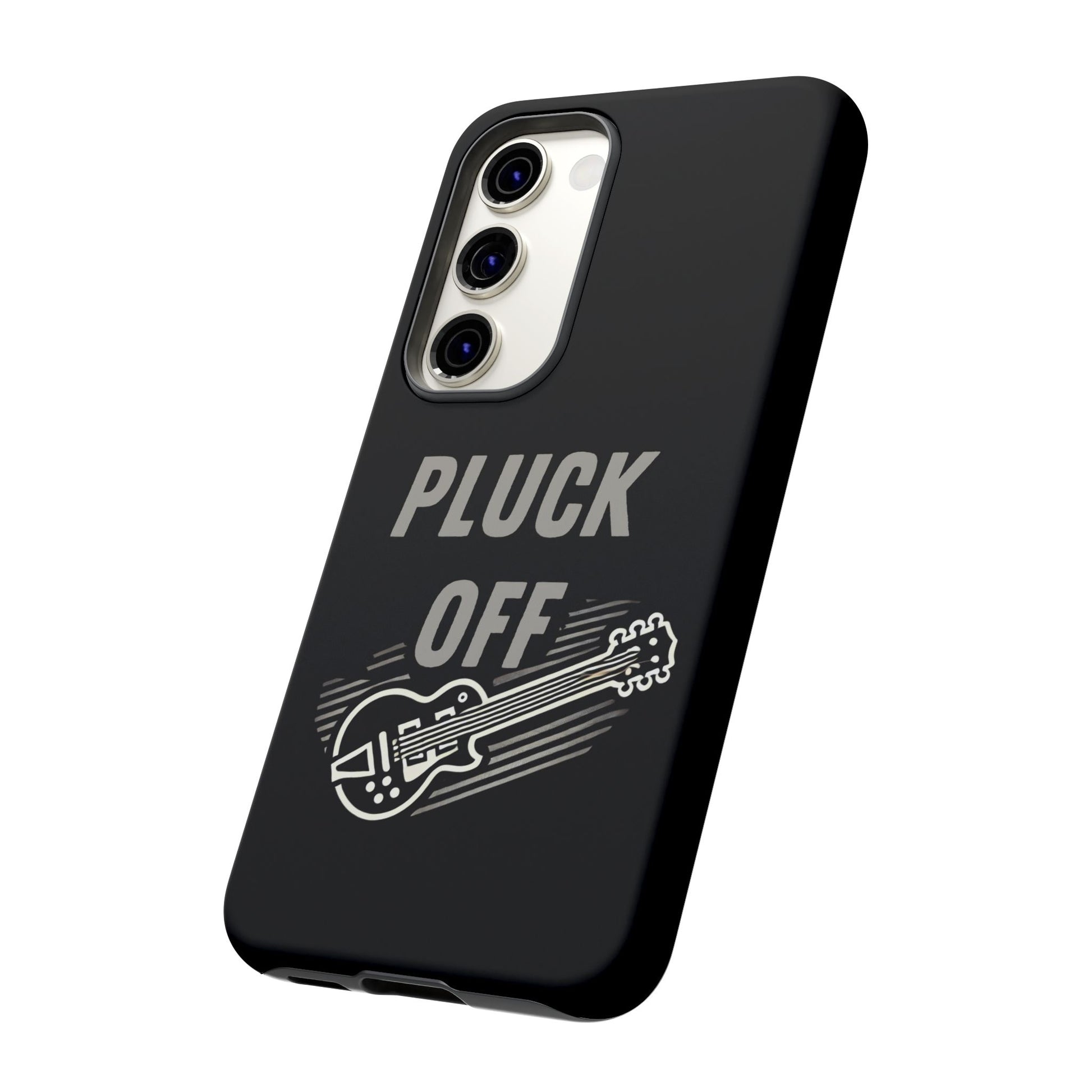 The Funny Pun Pluck Off Tough Phone Case features "PLUCK OFF" in bold above a lively illustrated electric guitar with dynamic motion lines, combining style, humor, and protection in a dual-layer design.