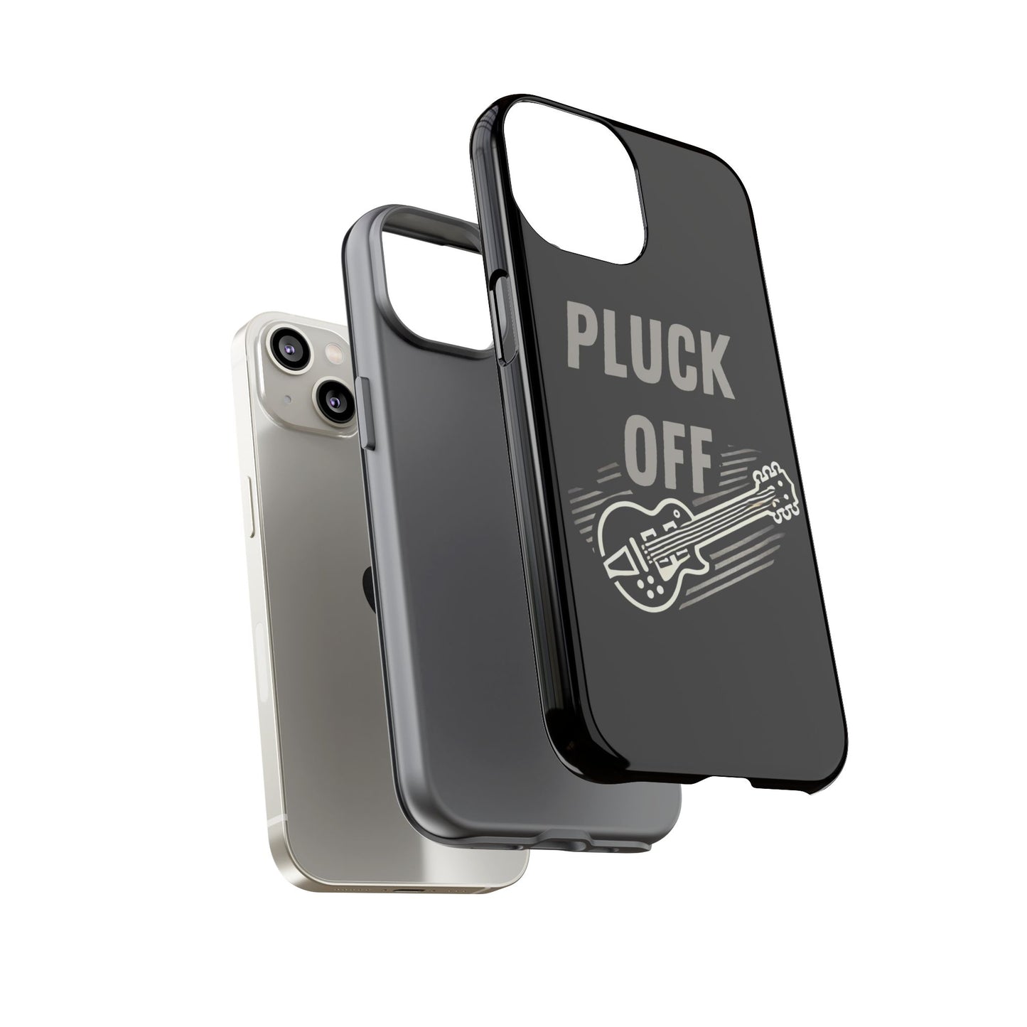 A silver smartphone with two cases beside it: a plain black one and the "Funny Pun Pluck Off Tough Phone Case," which is black with "PLUCK OFF" and a white electric guitar illustration.
