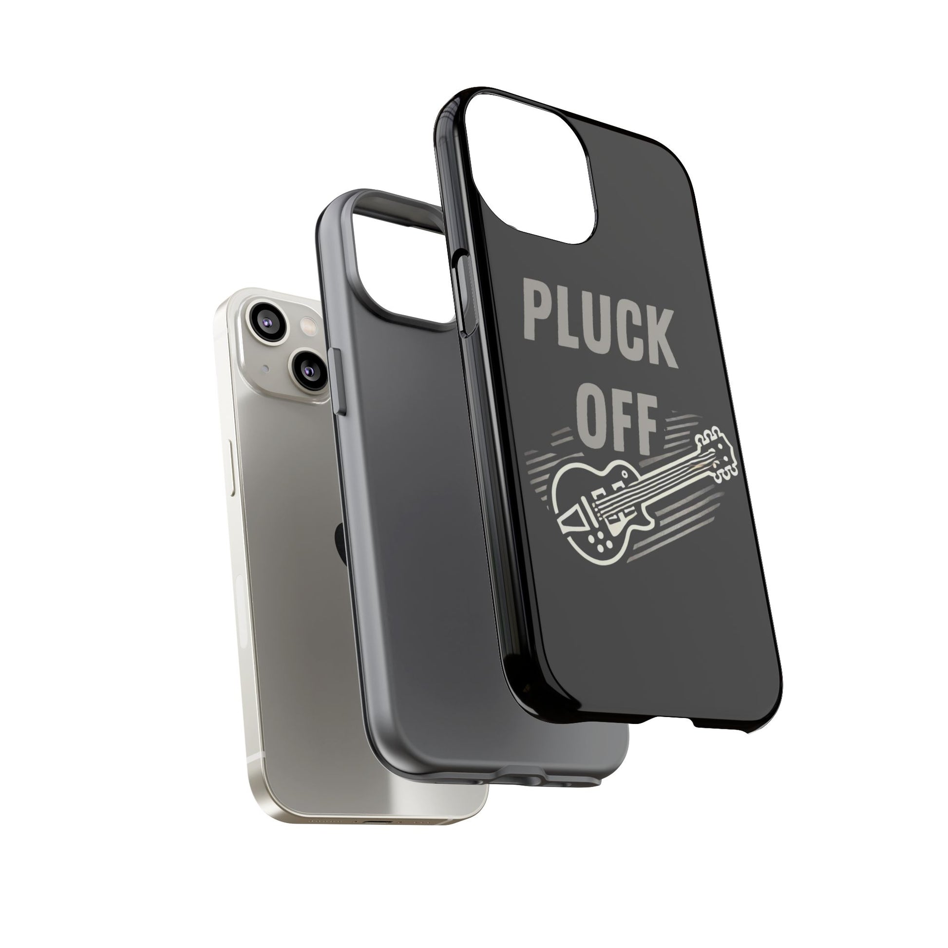 A silver smartphone with two cases beside it: a plain black one and the "Funny Pun Pluck Off Tough Phone Case," which is black with "PLUCK OFF" and a white electric guitar illustration.