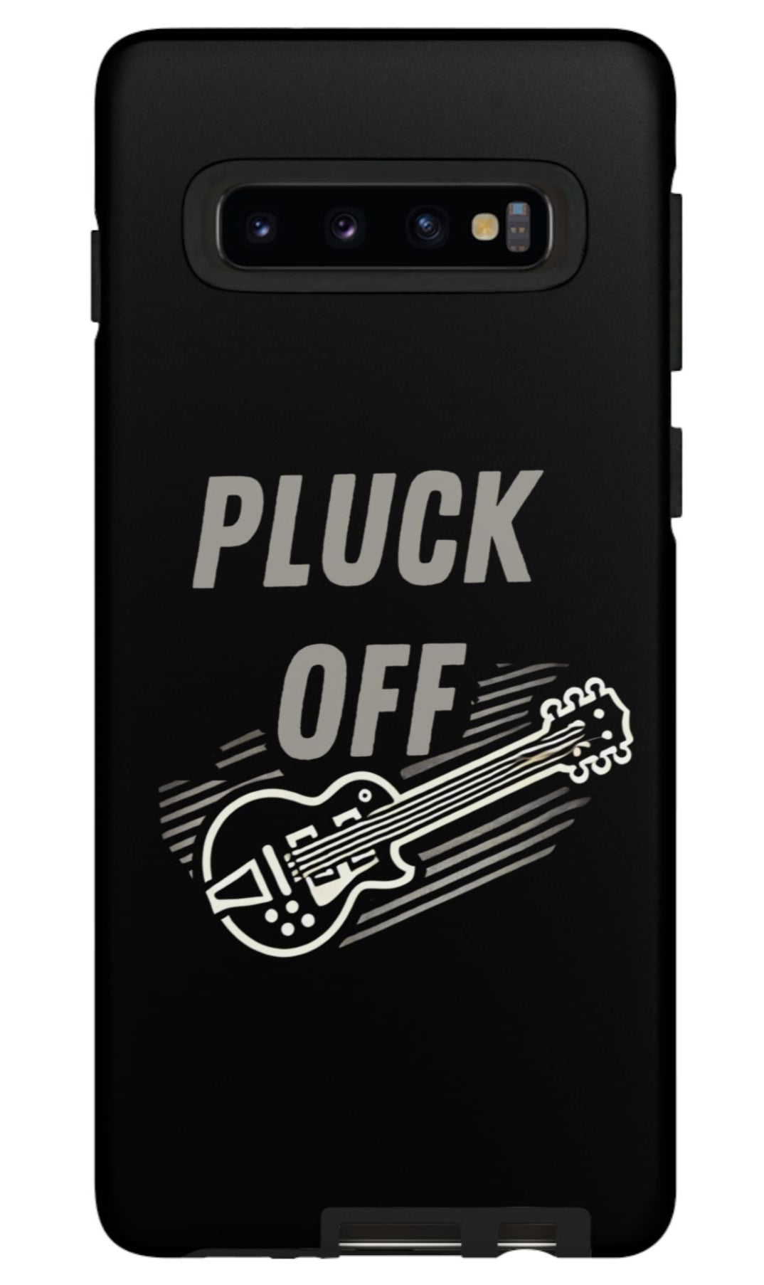 The Funny Pun Pluck Off Tough Phone Case features a black dual-layer design with "PLUCK OFF" above a white electric guitar and motion lines—a playful, music-themed choice for those who want stylish protection for their phone.