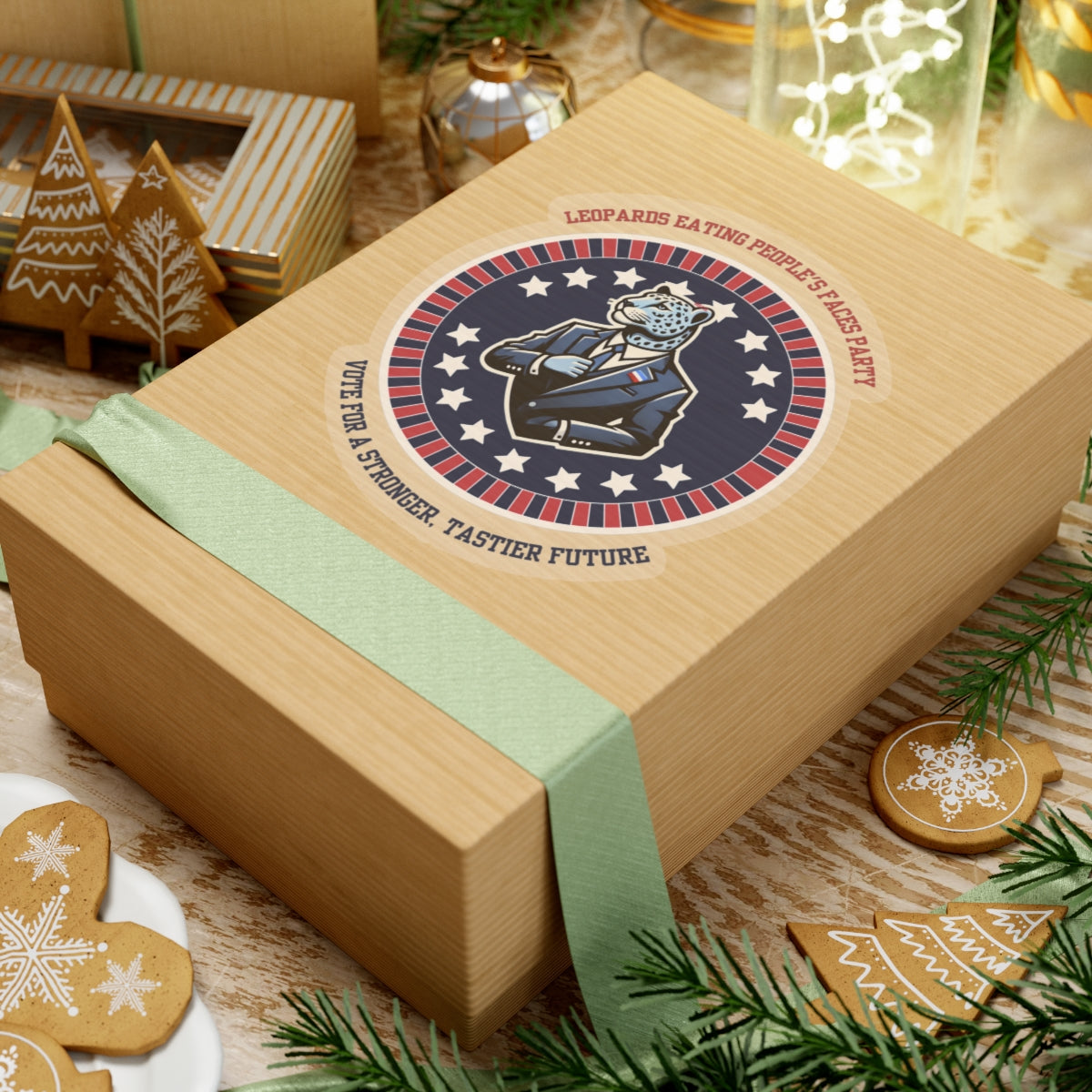 Funny political leopard face eating party sticker on a gift box with holiday decorations