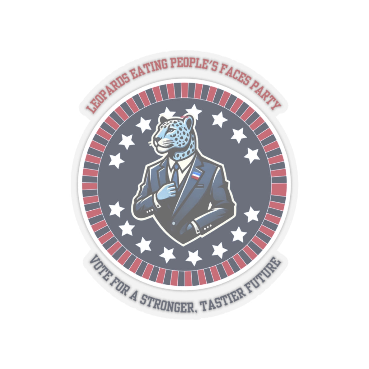 Funny political leopard face eating party sticker featuring a leopard in a suit with stars and patriotic colors