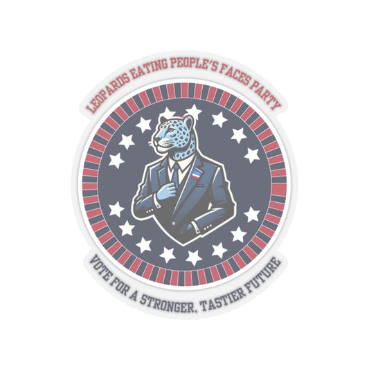 Funny political leopard face eating party sticker featuring a leopard in a suit with stars and patriotic colors