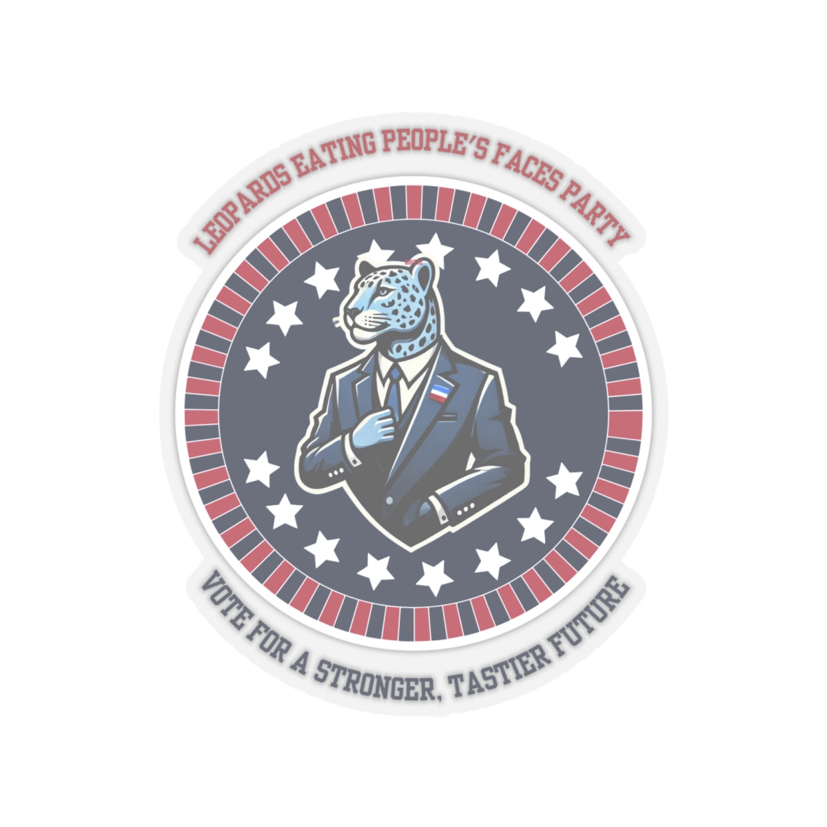 Funny political leopard face eating party sticker showing a leopard in a suit with patriotic stars