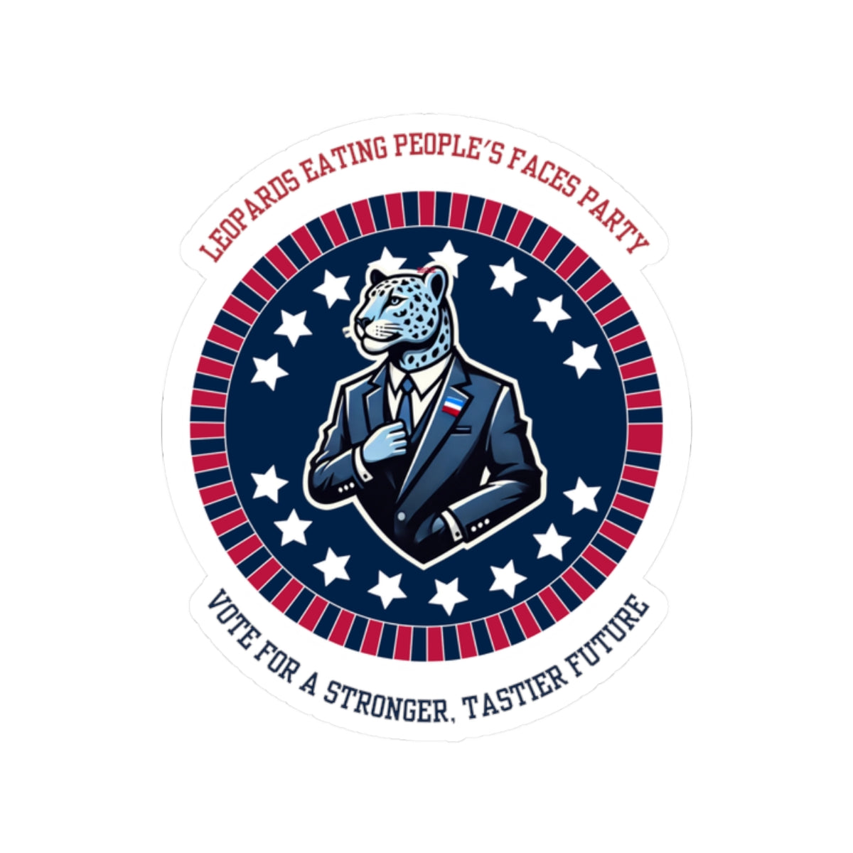 Funny political leopard face eating party sticker with a leopard in a suit surrounded by stars
