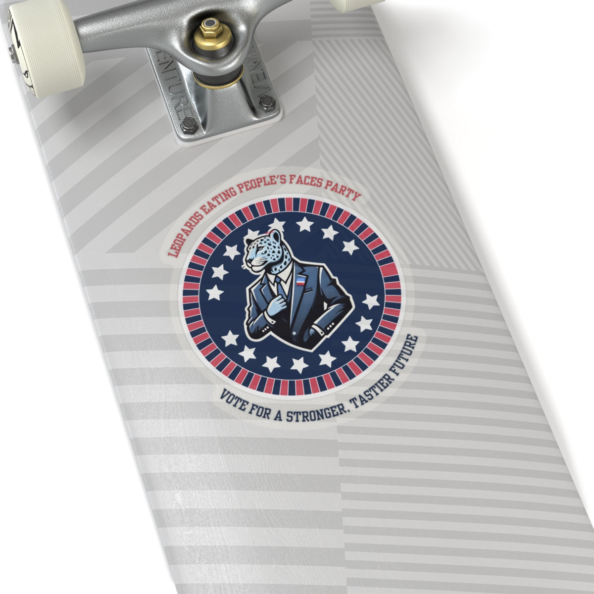 Funny political leopard face eating party sticker on skateboard deck by Printify