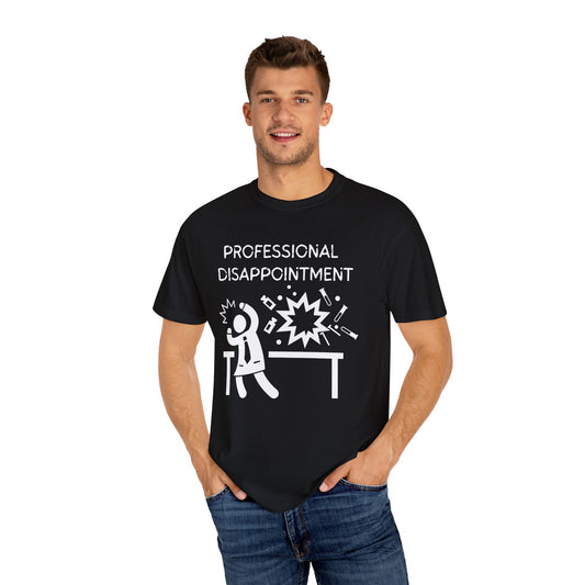 Funny professional disappointment unisex t-shirt featuring a graphic of a surprised character at a desk