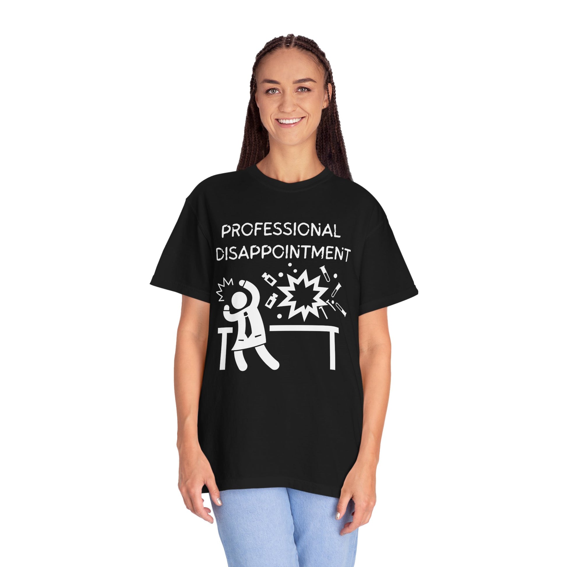 Funny professional disappointment unisex t-shirt featuring a cartoon figure and bold text on a black background.
