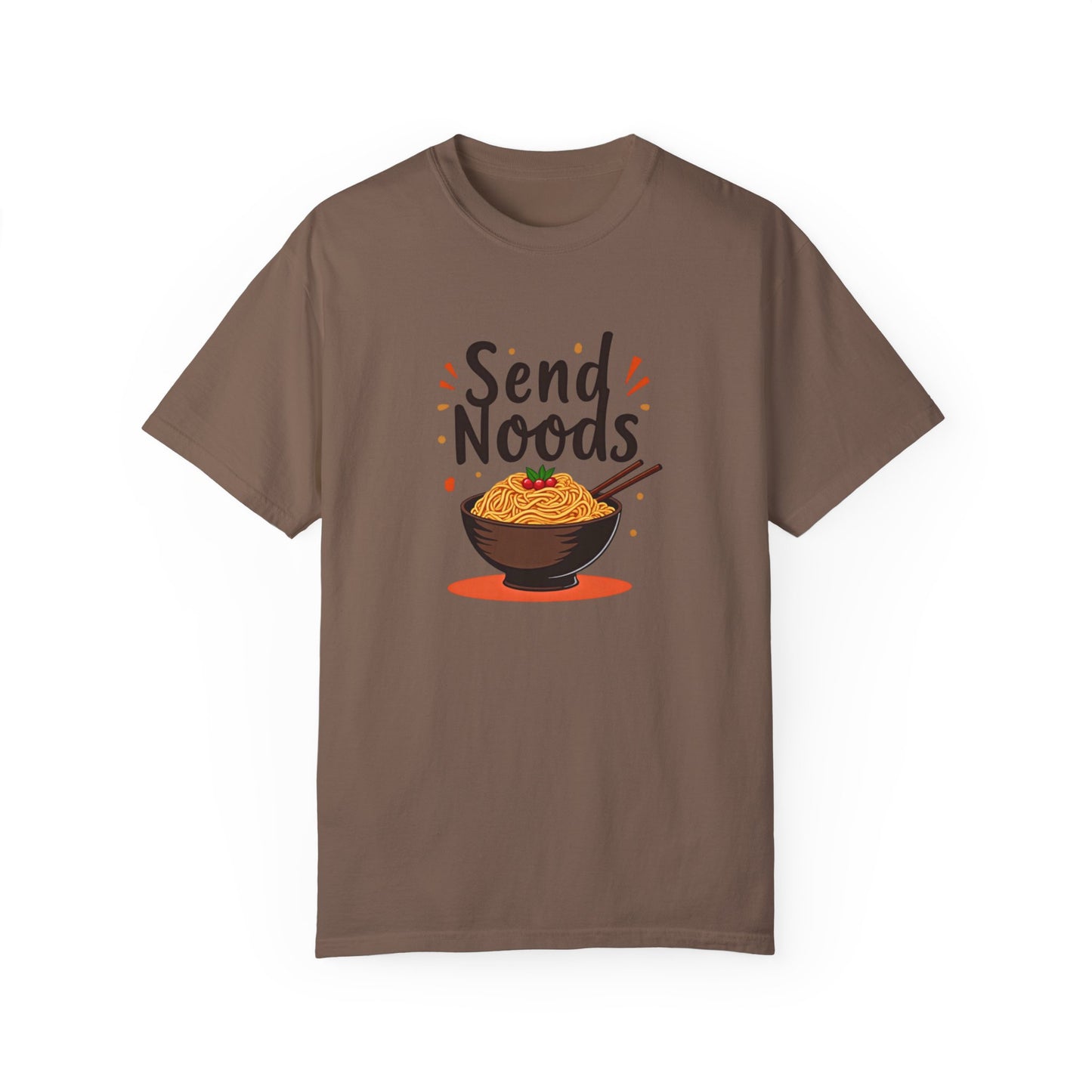 Funny send noods food pun unisex shirt with a graphic of a bowl of noodles