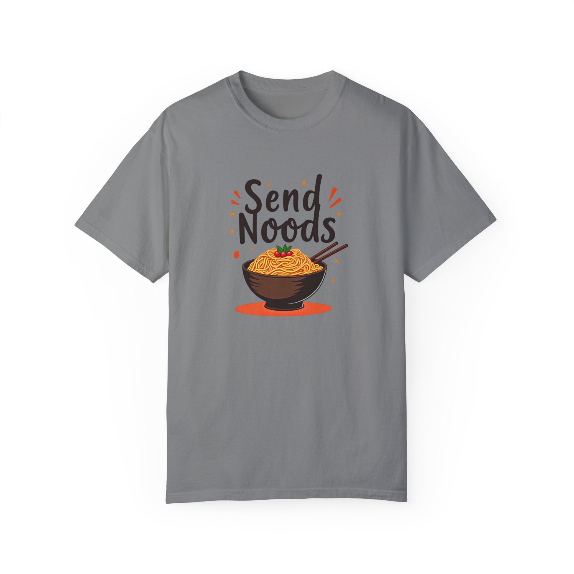 Funny send noods food pun unisex shirt featuring a bowl of noodles and playful typography