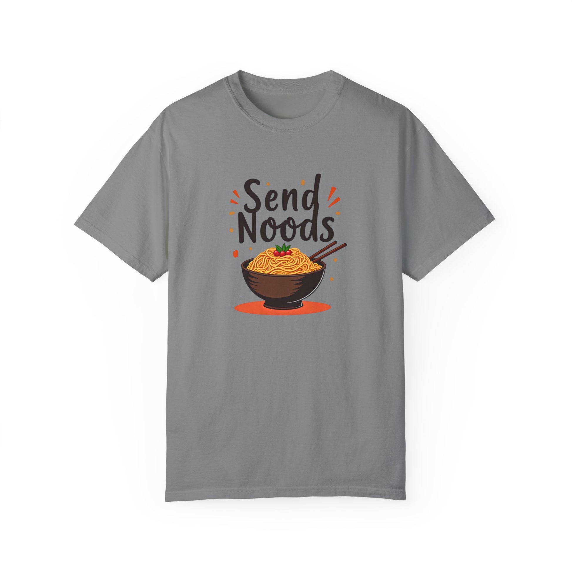 Funny send noods food pun unisex shirt in gray featuring a bowl of noodles design