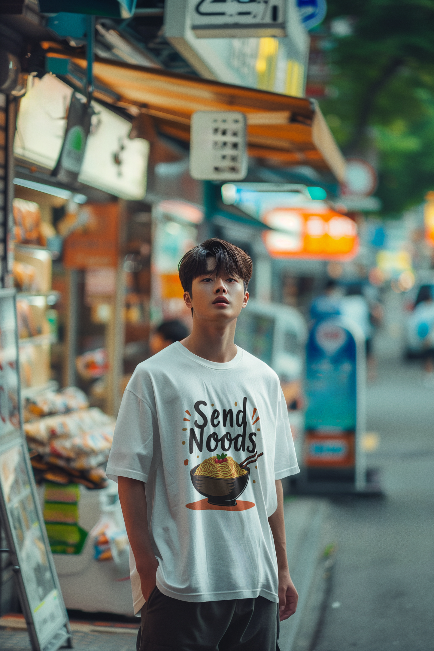 Funny send noods food pun unisex shirt displayed on a model in an outdoor market setting
