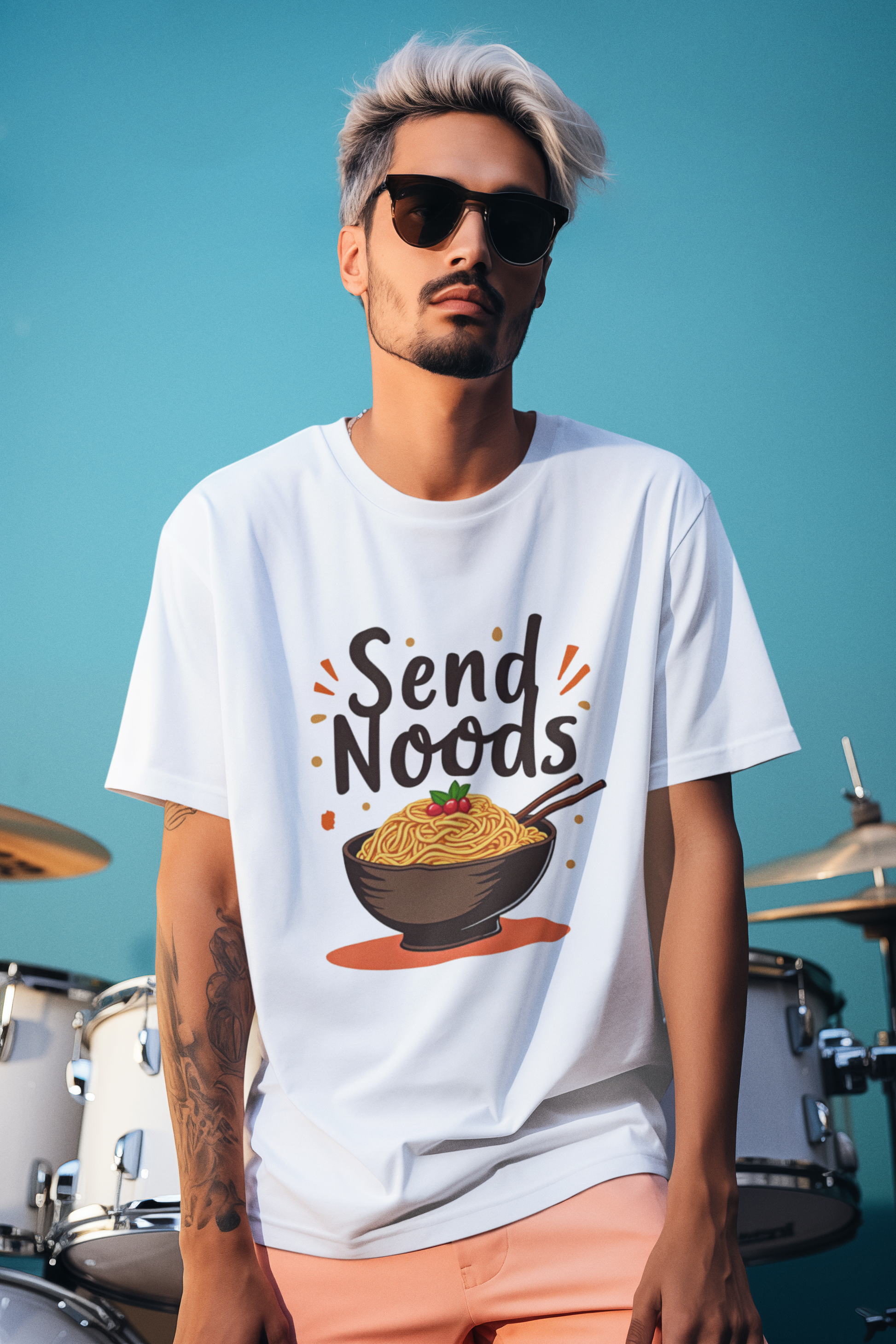 Funny send noods food pun unisex shirt featuring a bowl of noodles and playful text