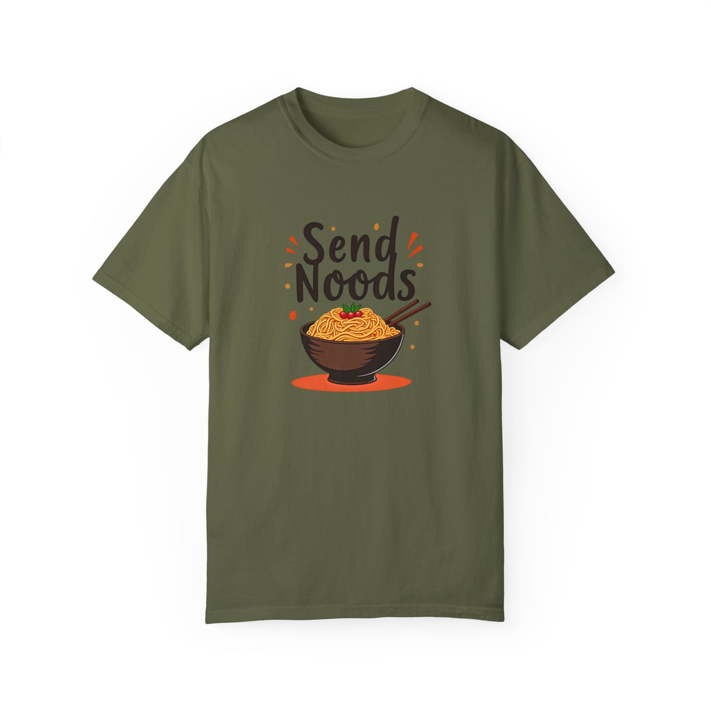 Funny send noods food pun unisex shirt featuring a bowl of noodles with playful graphics