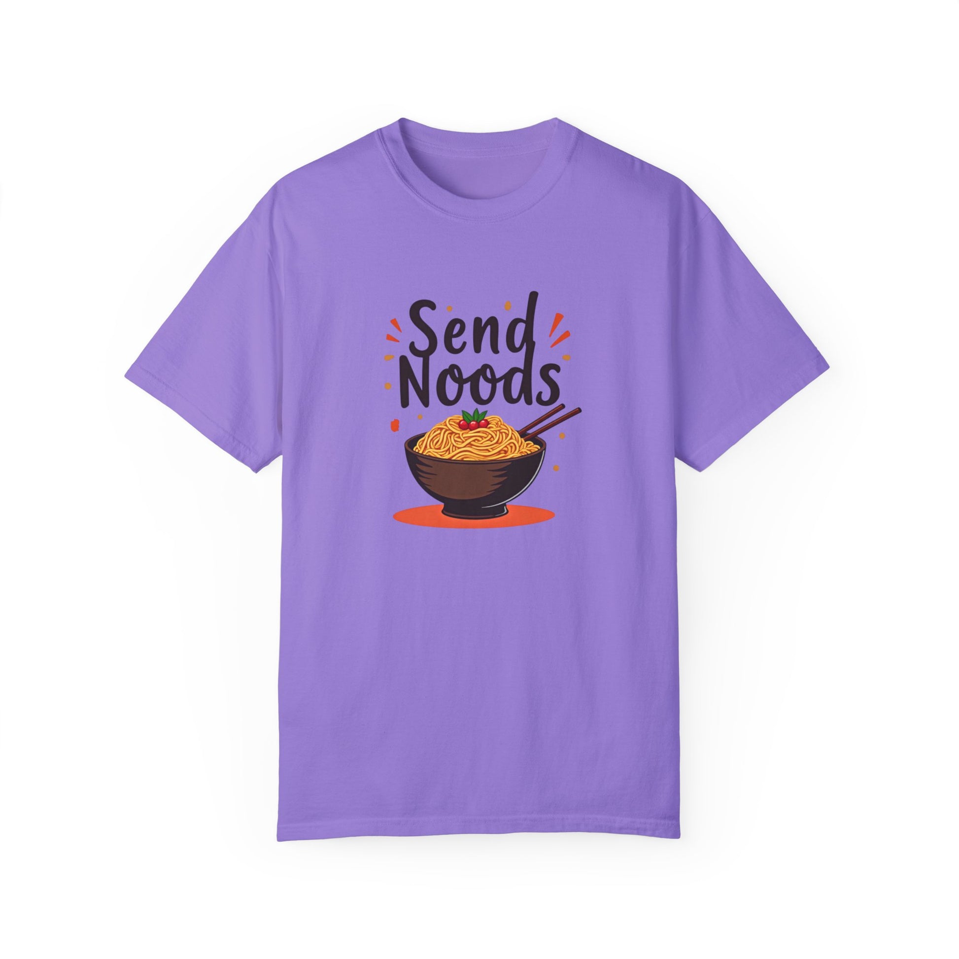 Funny send noods food pun unisex shirt in purple featuring a bowl of noodles