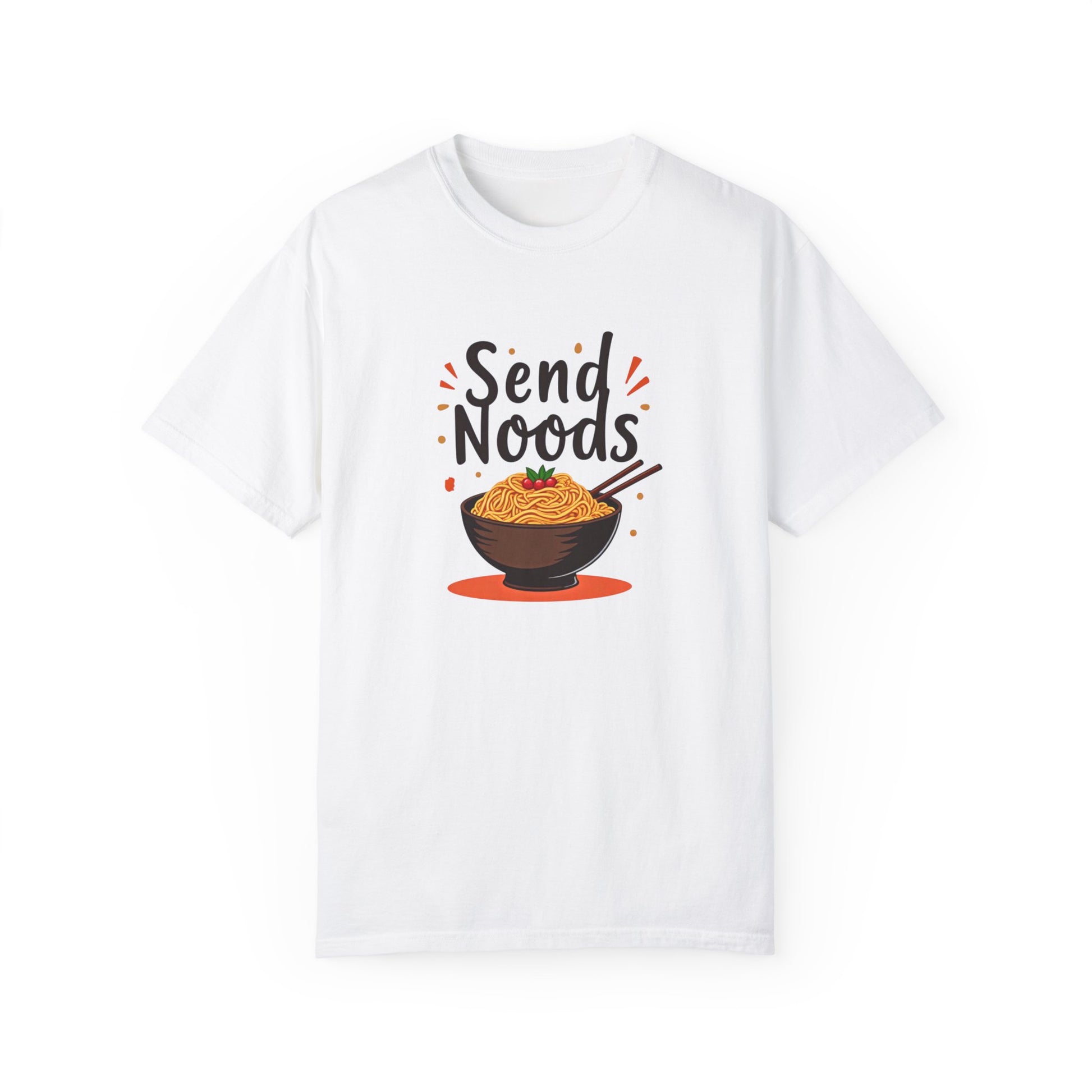 Funny send noods food pun unisex shirt featuring a bowl of noodles design