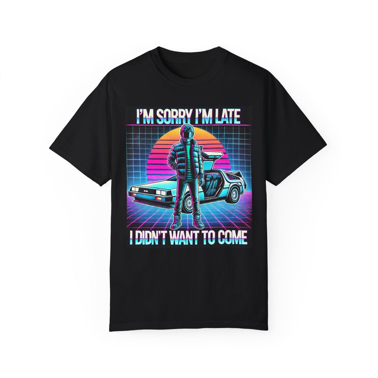 Funny Sorry I'm Late 80s retro graphic unisex shirt featuring a colorful design with a vintage car