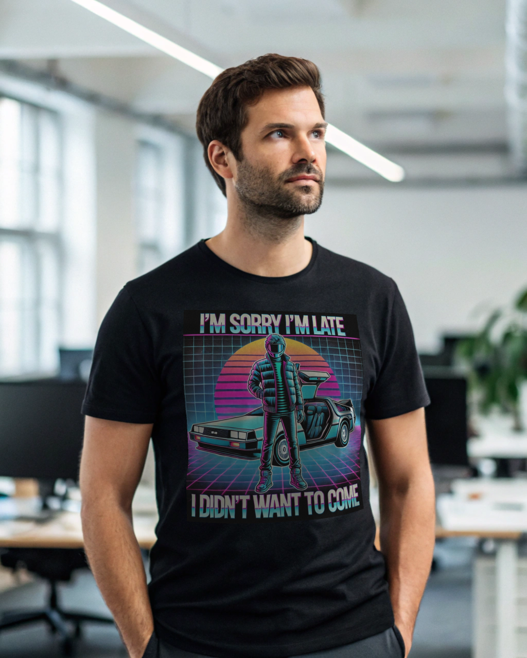 Funny sorry I'm late 80s retro graphic unisex shirt with vibrant colors and vintage design