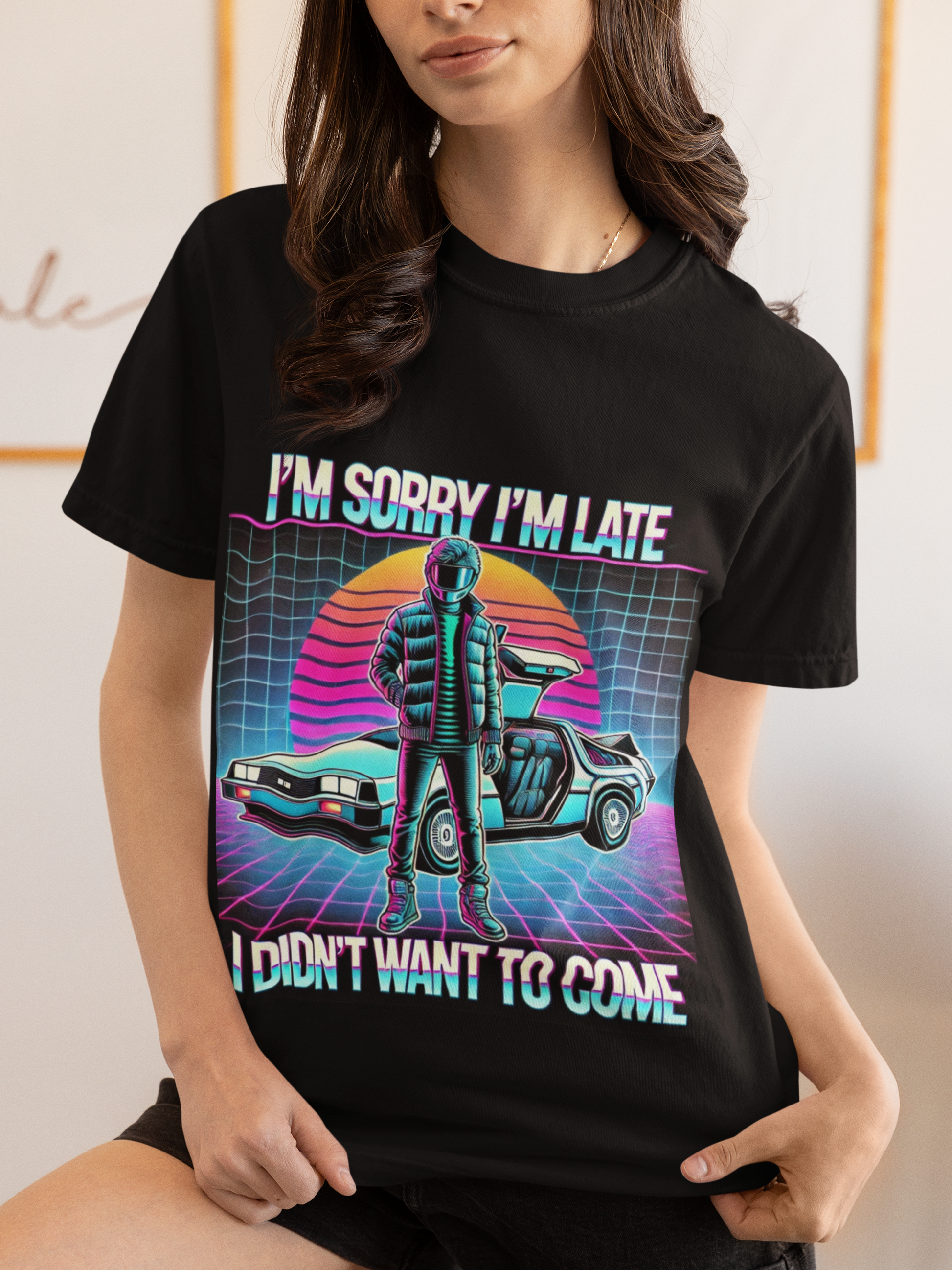 Funny sorry I'm late 80s retro graphic unisex shirt featuring vibrant colors and a vintage car