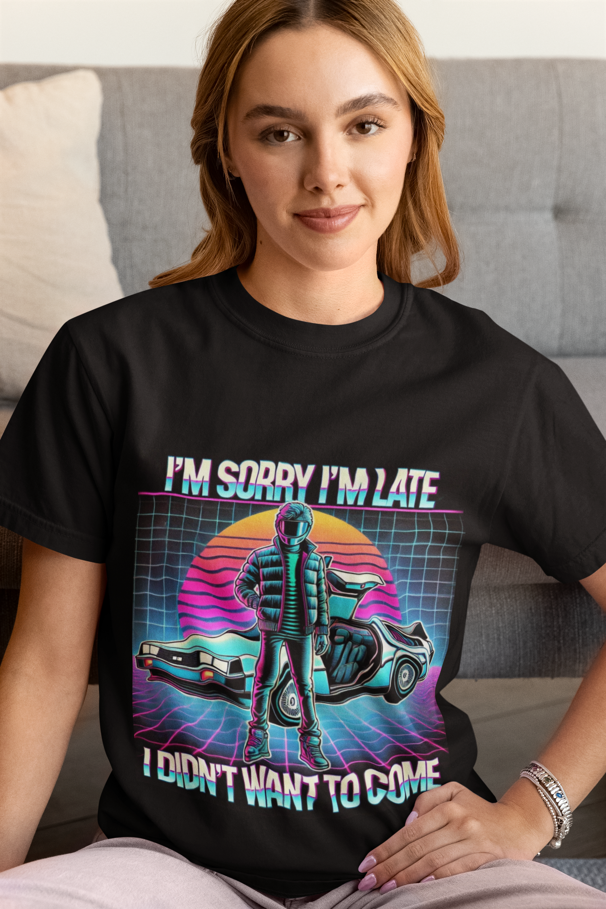 Funny sorry I'm late 80s retro graphic unisex shirt featuring a vibrant design with a person and classic car